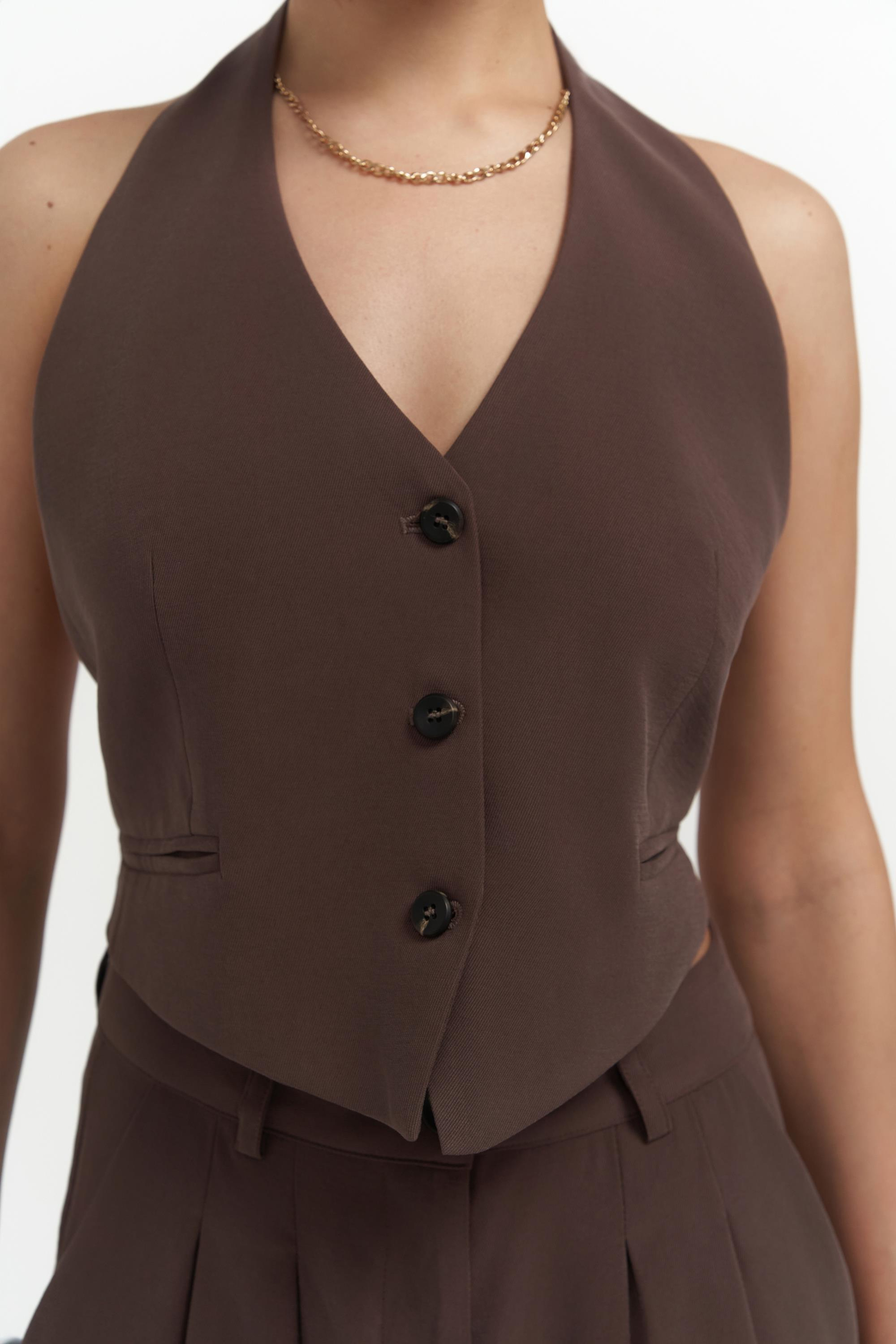 Pailey Sırt Dekolteli Kahve Yelek Pantolon Takım