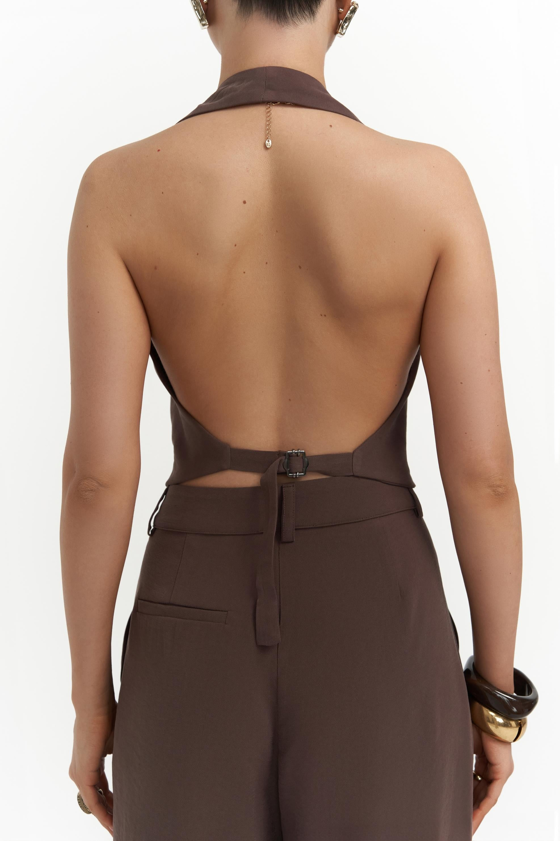 Pailey Sırt Dekolteli Kahve Yelek Pantolon Takım