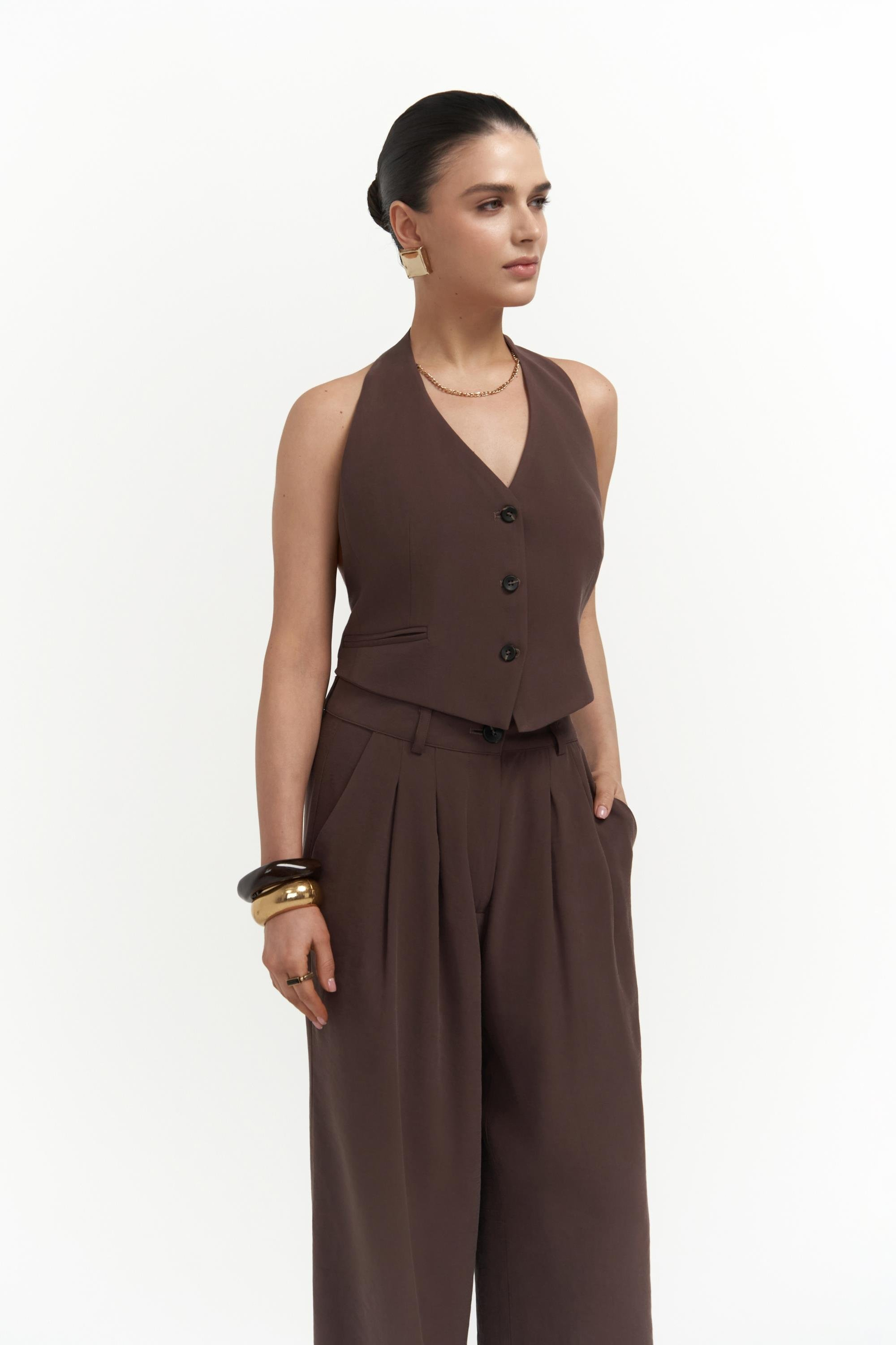 Pailey Sırt Dekolteli Kahve Yelek Pantolon Takım