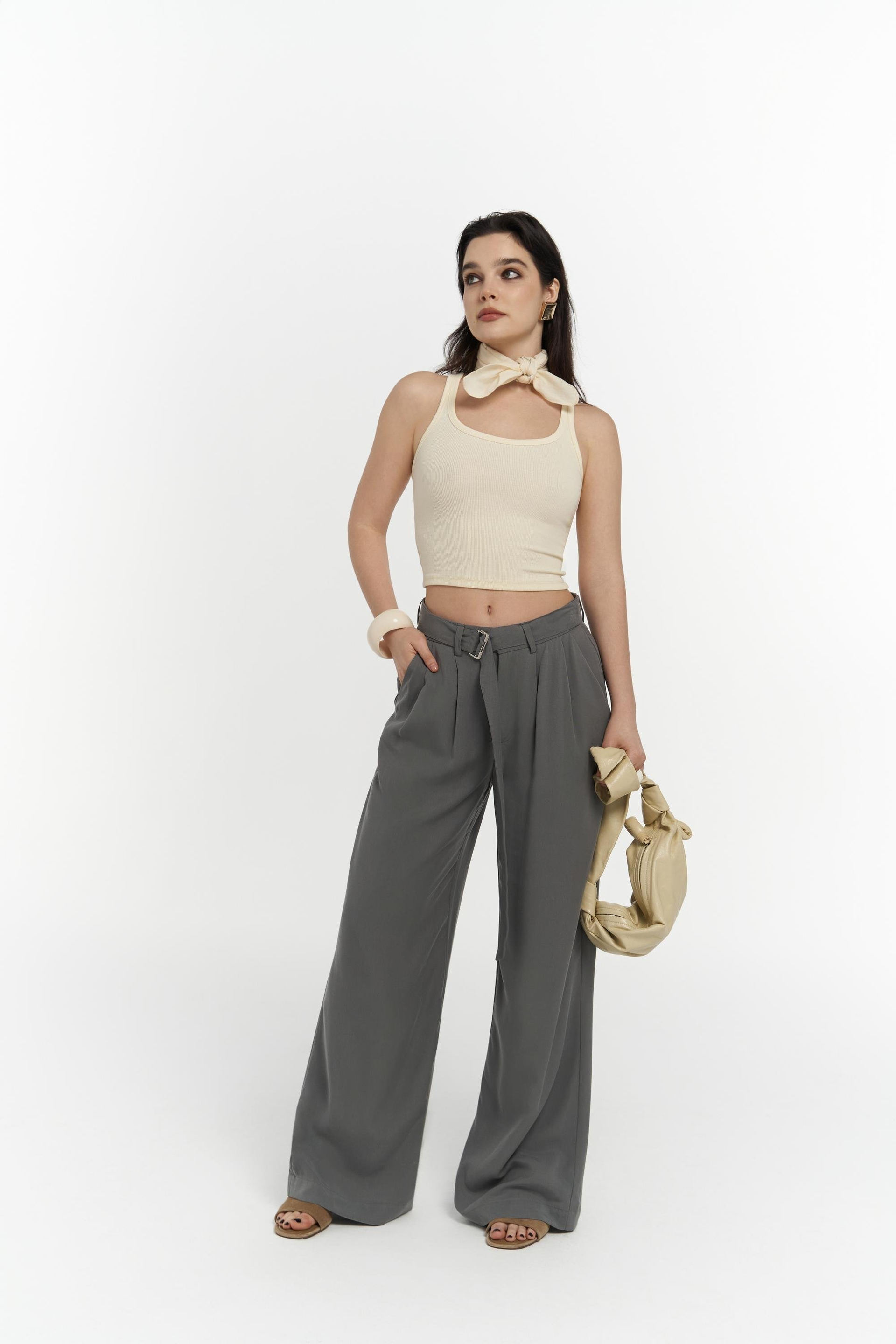 Paros Kemer Detay Gri Palazzo Pantolon