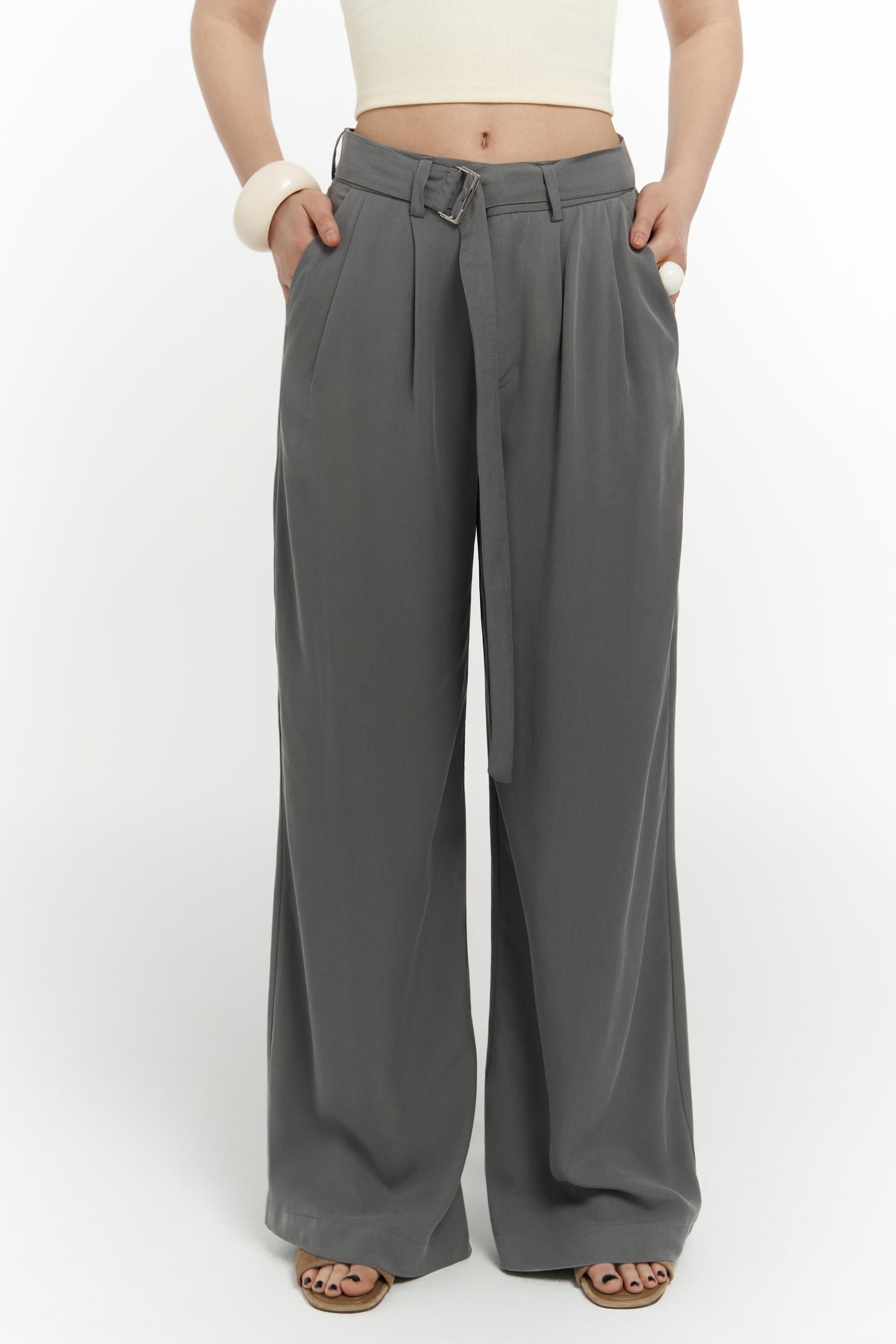 Paros Kemer Detay Gri Palazzo Pantolon