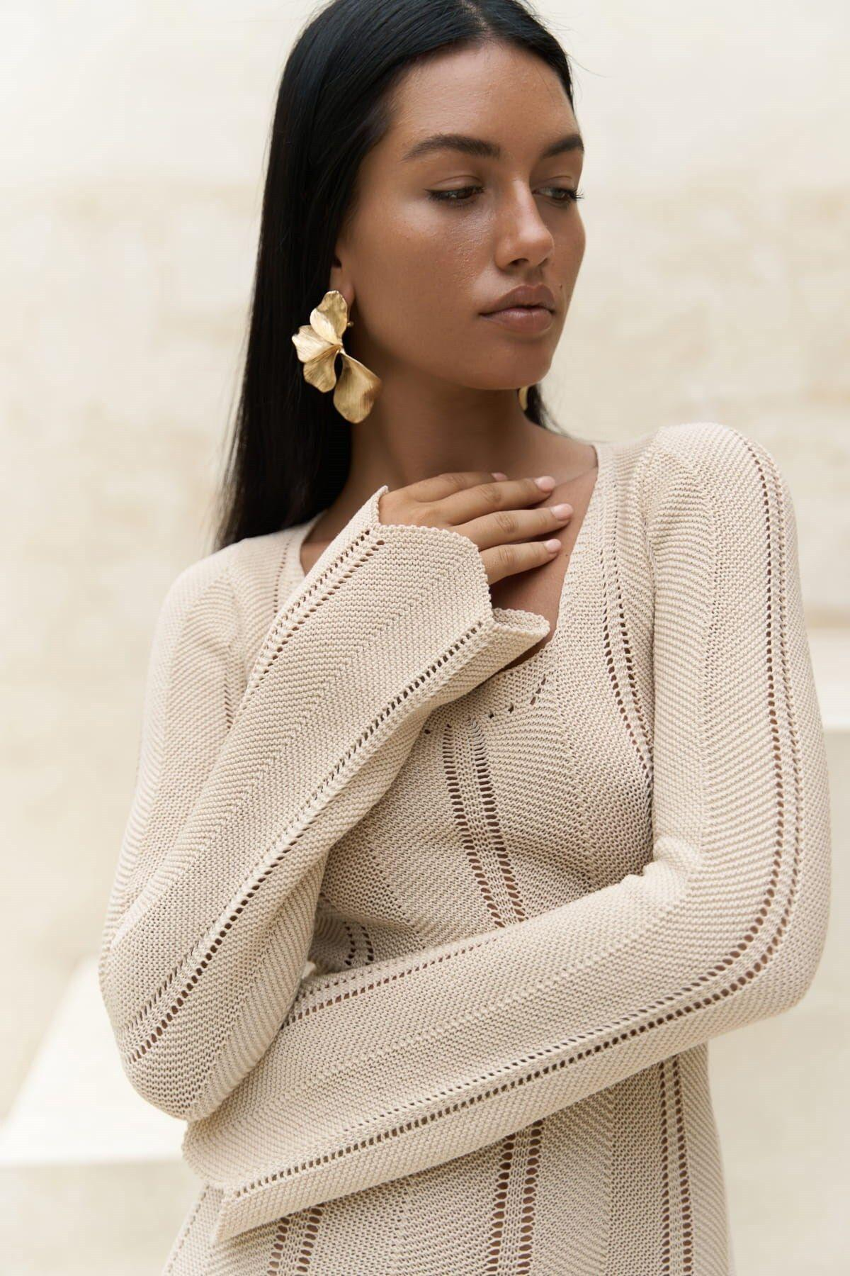 Paulina Beige Lace Knit Dress