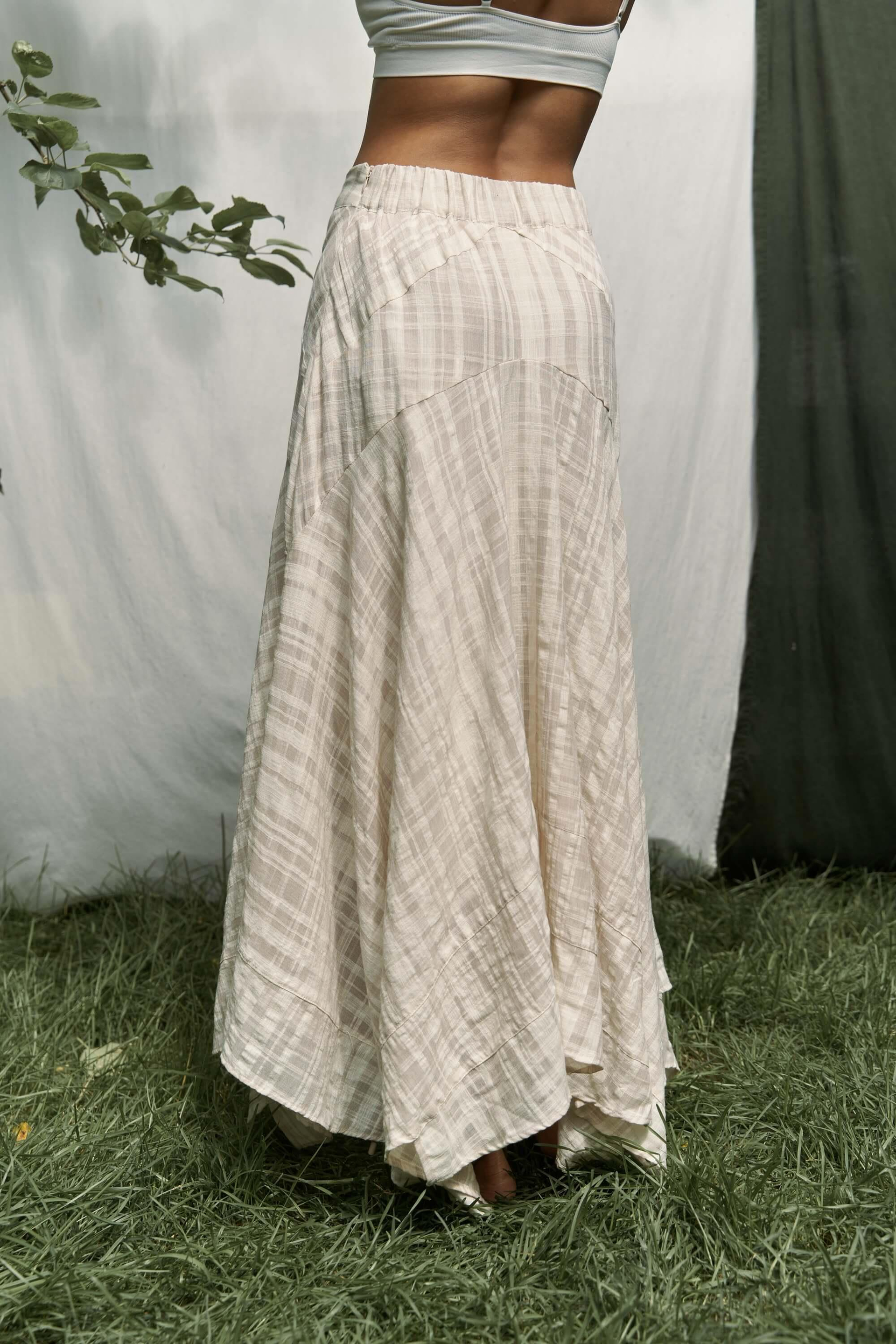 Peigi Çizgili Parçalı Bej Midi Etek