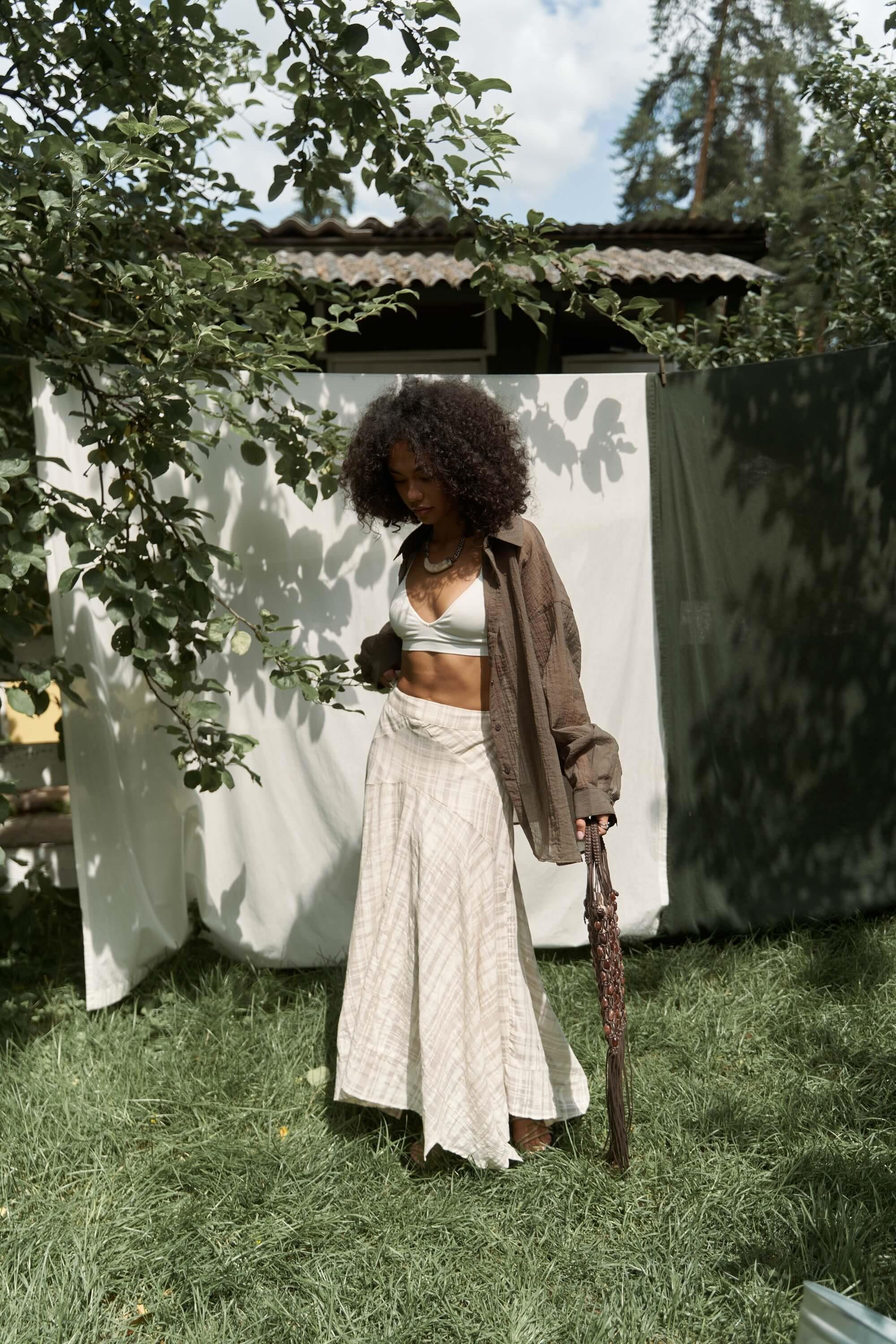 Peigi Çizgili Parçalı Bej Midi Etek