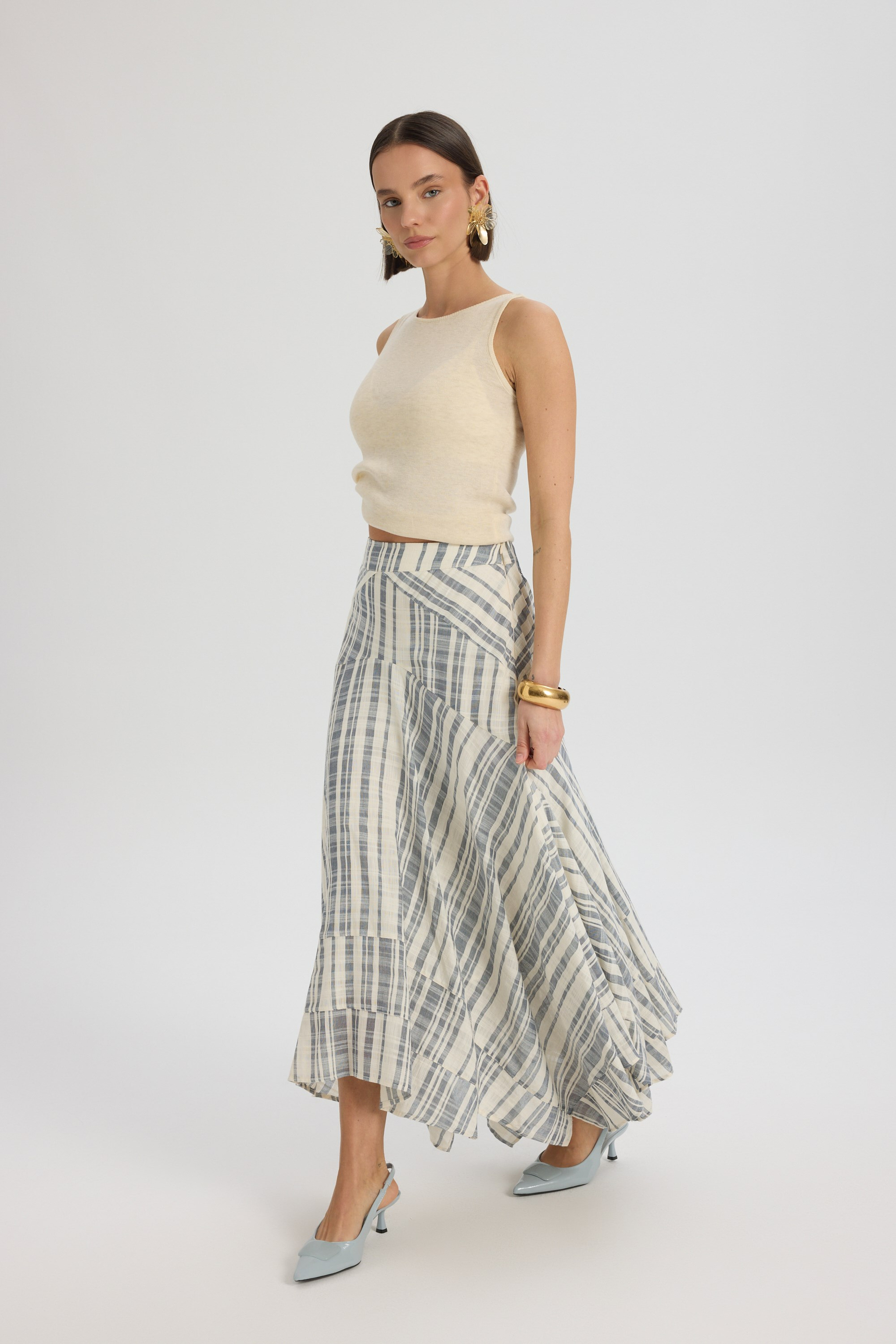 Peigi Striped Paneled İndigo Midi Skirt