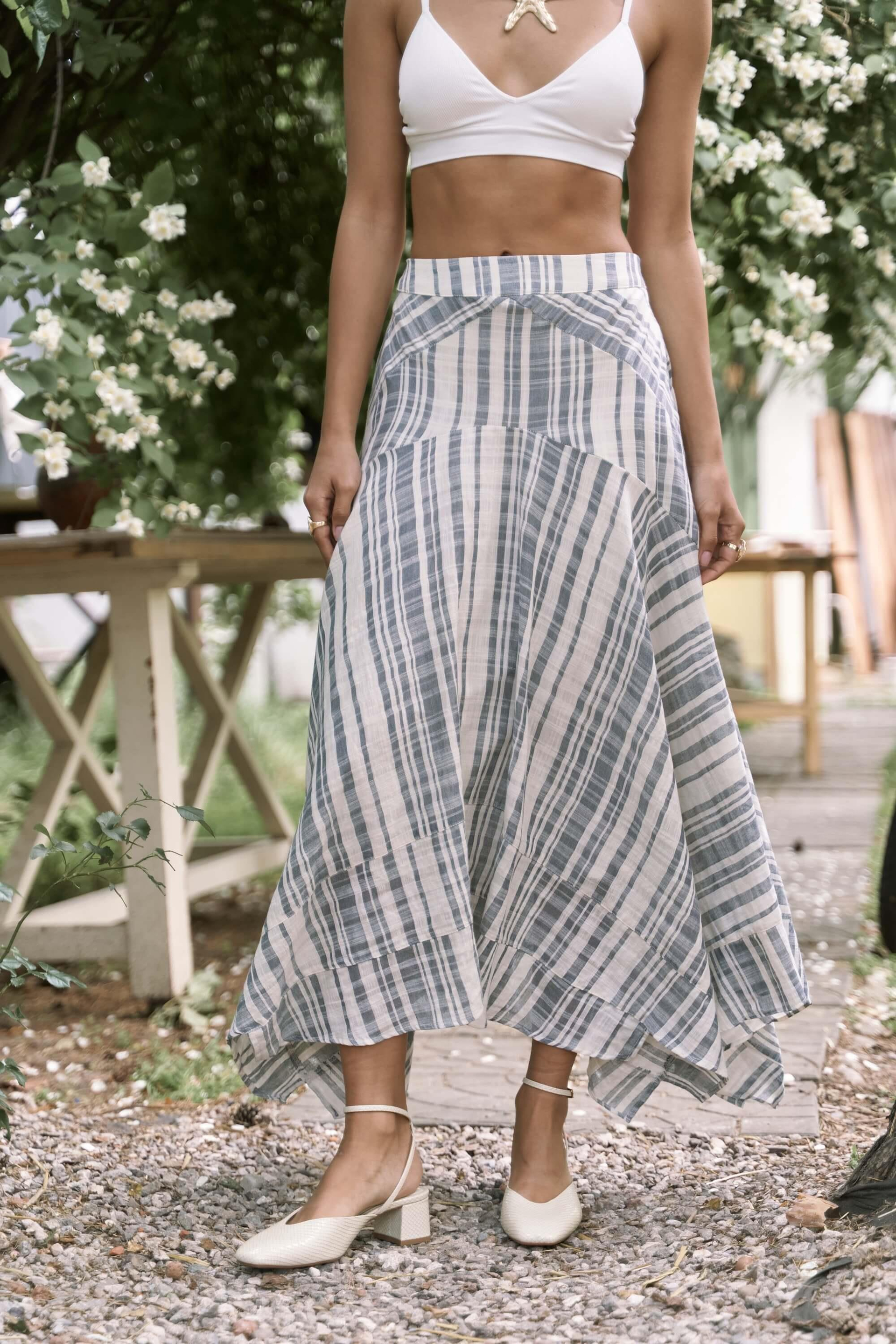 Peigi Çizgili Parçalı İndigo Midi Etek