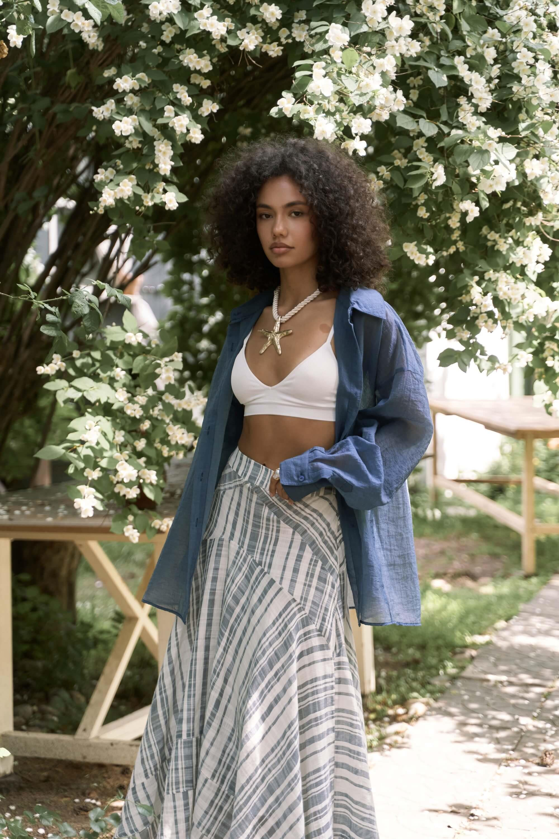 Peigi Çizgili Parçalı İndigo Midi Etek