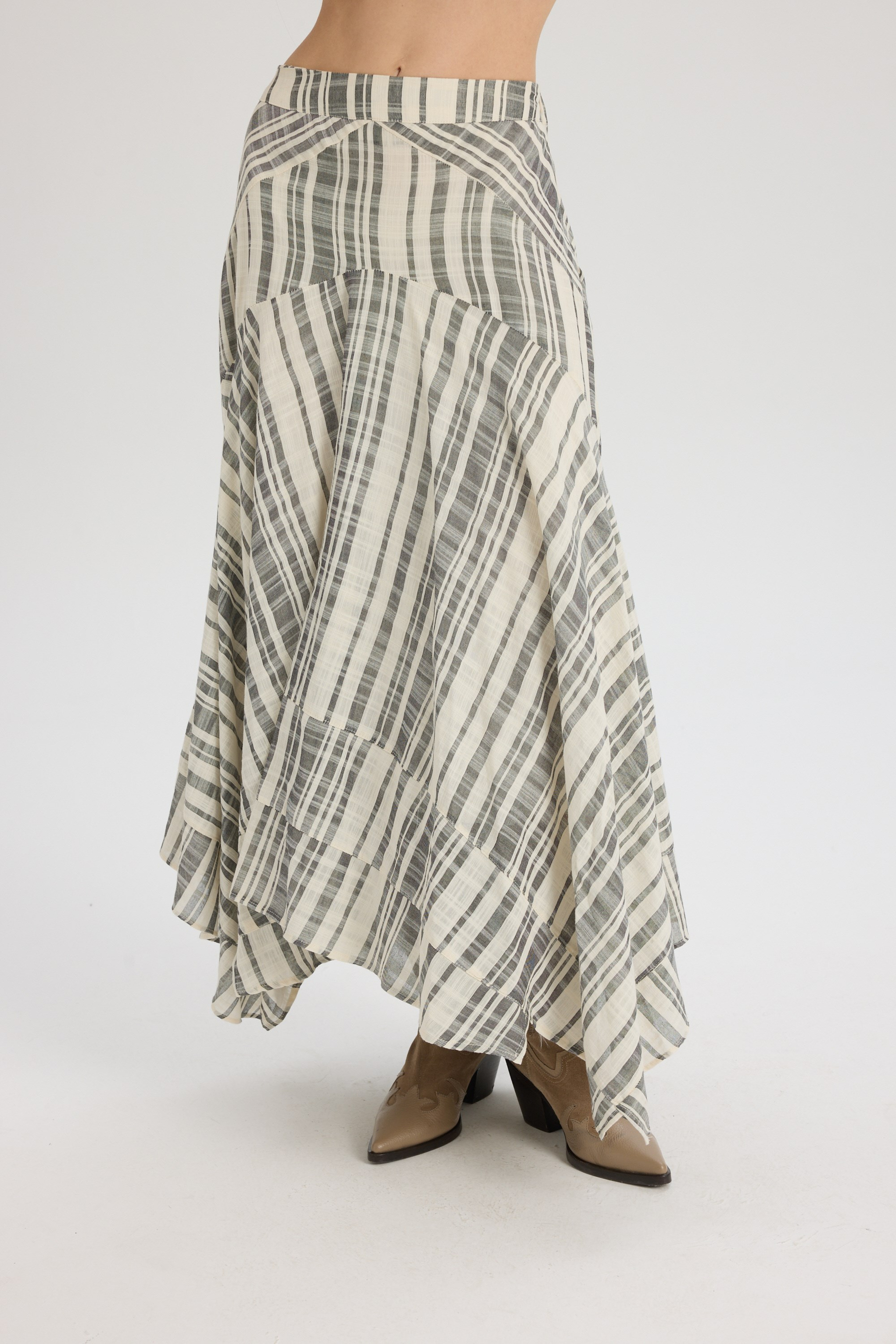 Peigi Striped Paneled Black Midi Skirt