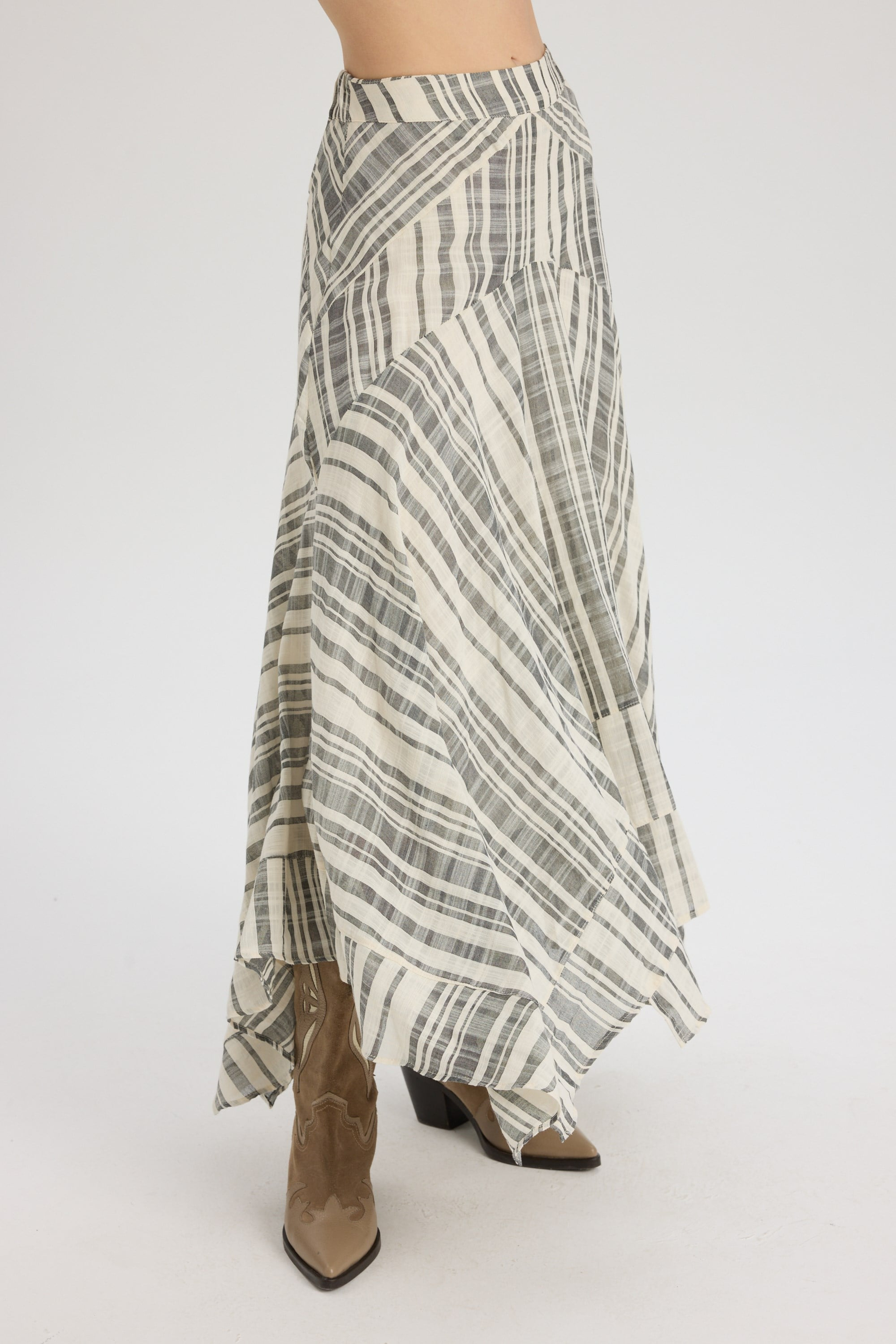 Peigi Striped Paneled Black Midi Skirt