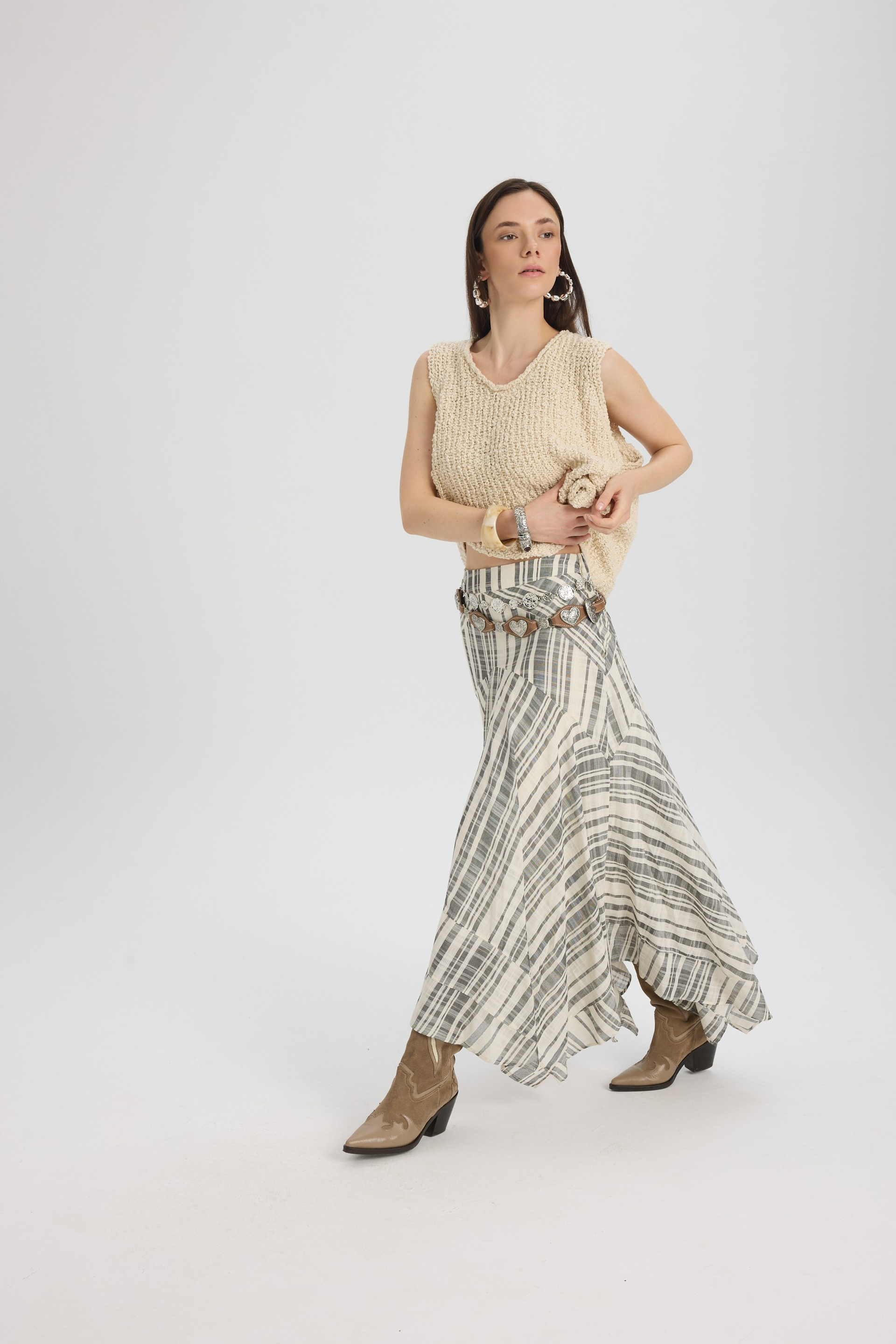 Peigi Striped Paneled Black Midi Skirt