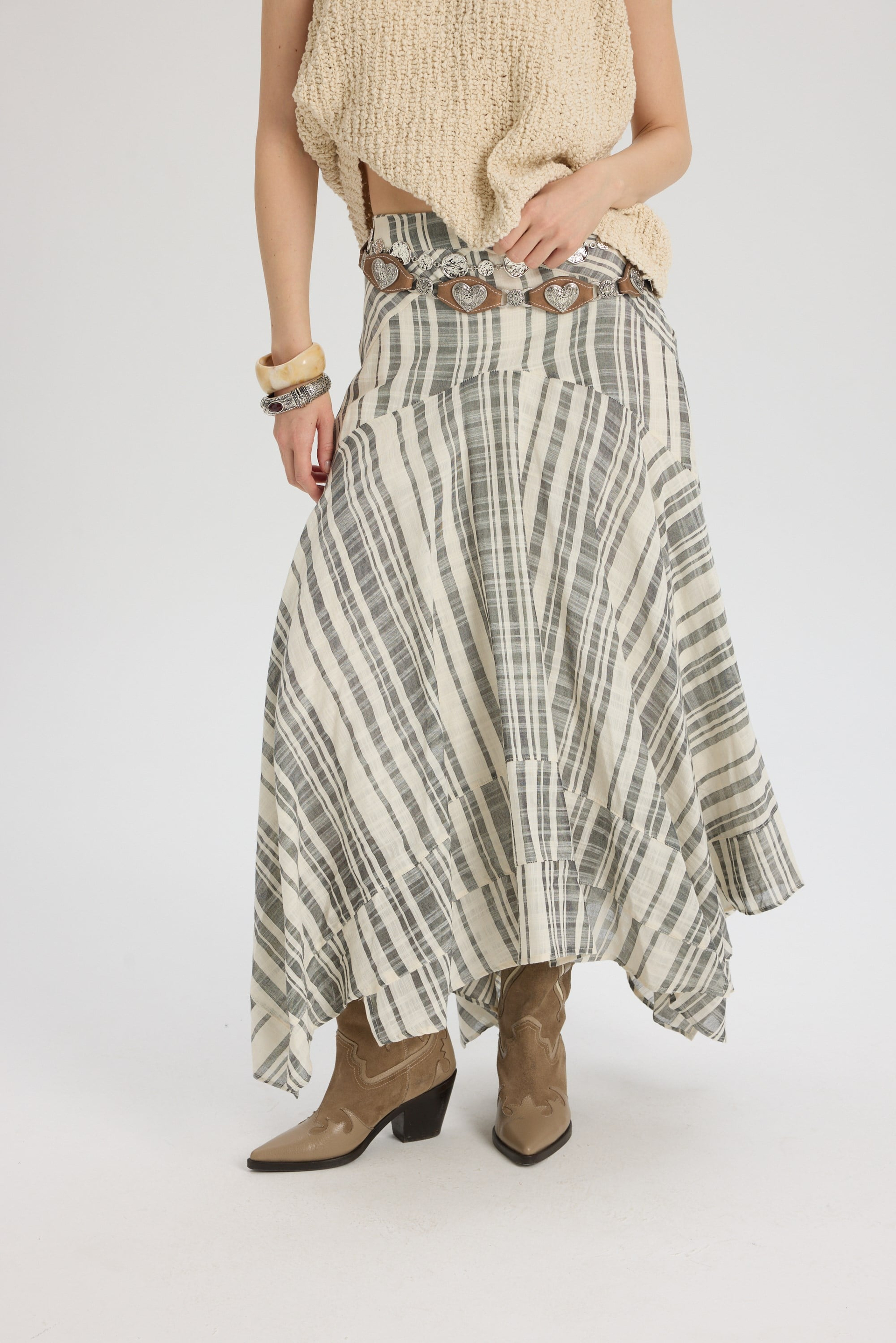 Peigi Striped Paneled Black Midi Skirt