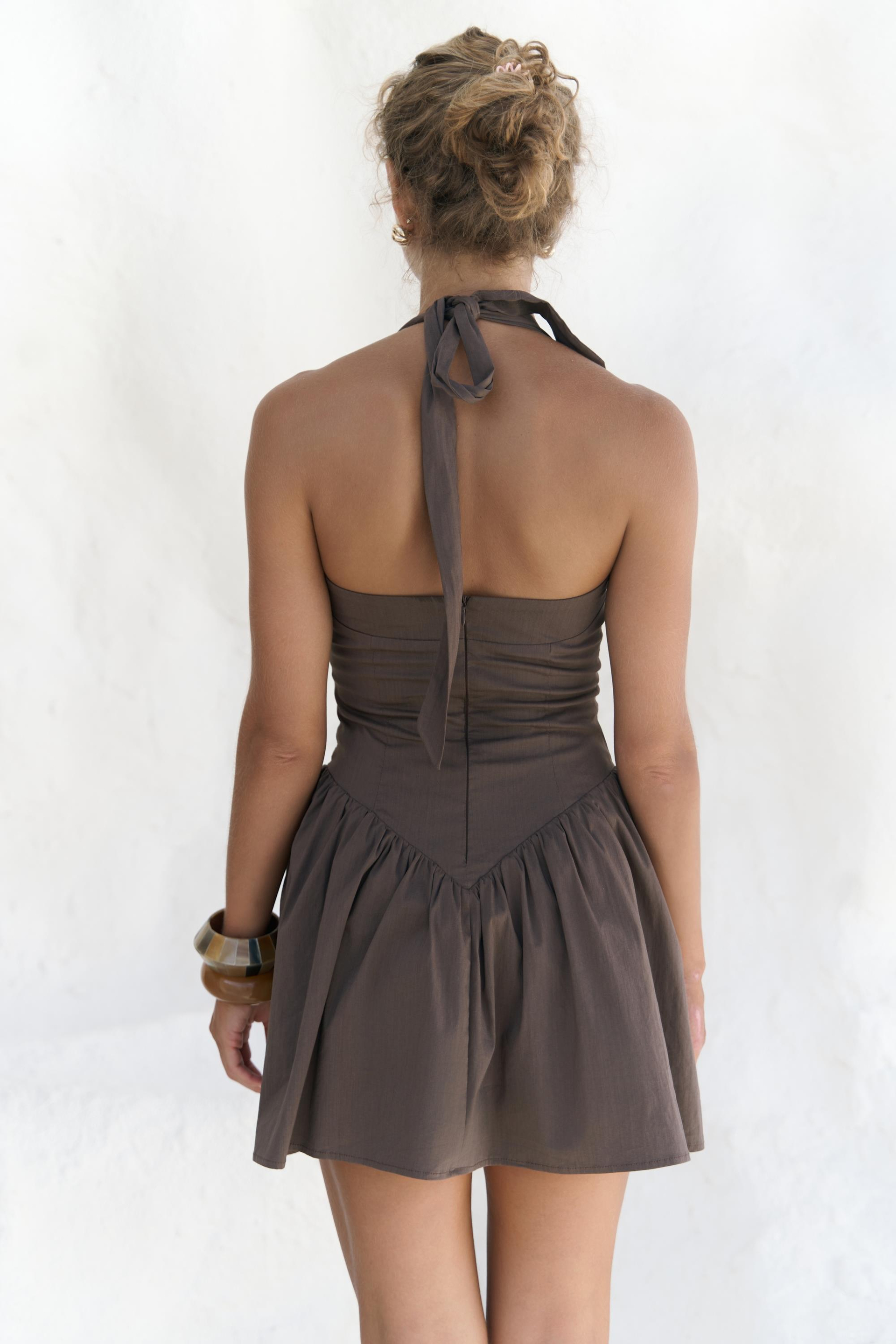 Penny Bağlamalı Kahve Mini Elbise