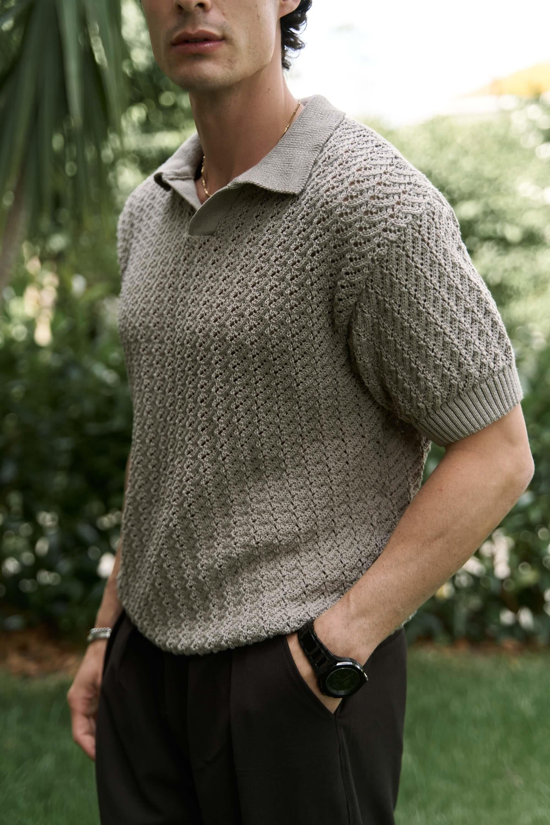 Peter Men's Polo Collar Brown Knit T-Shirt