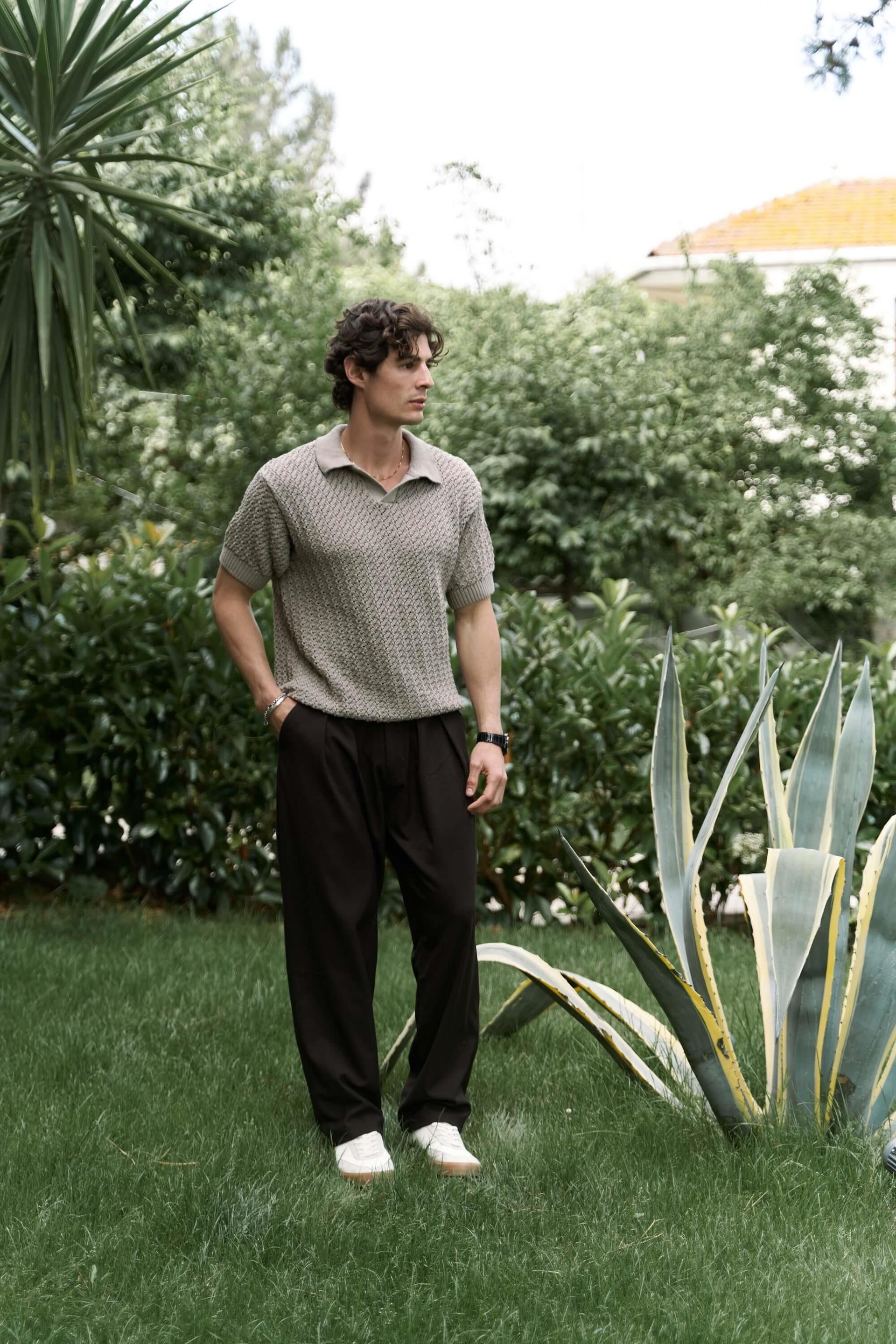 Peter Men's Polo Collar Brown Knit T-Shirt