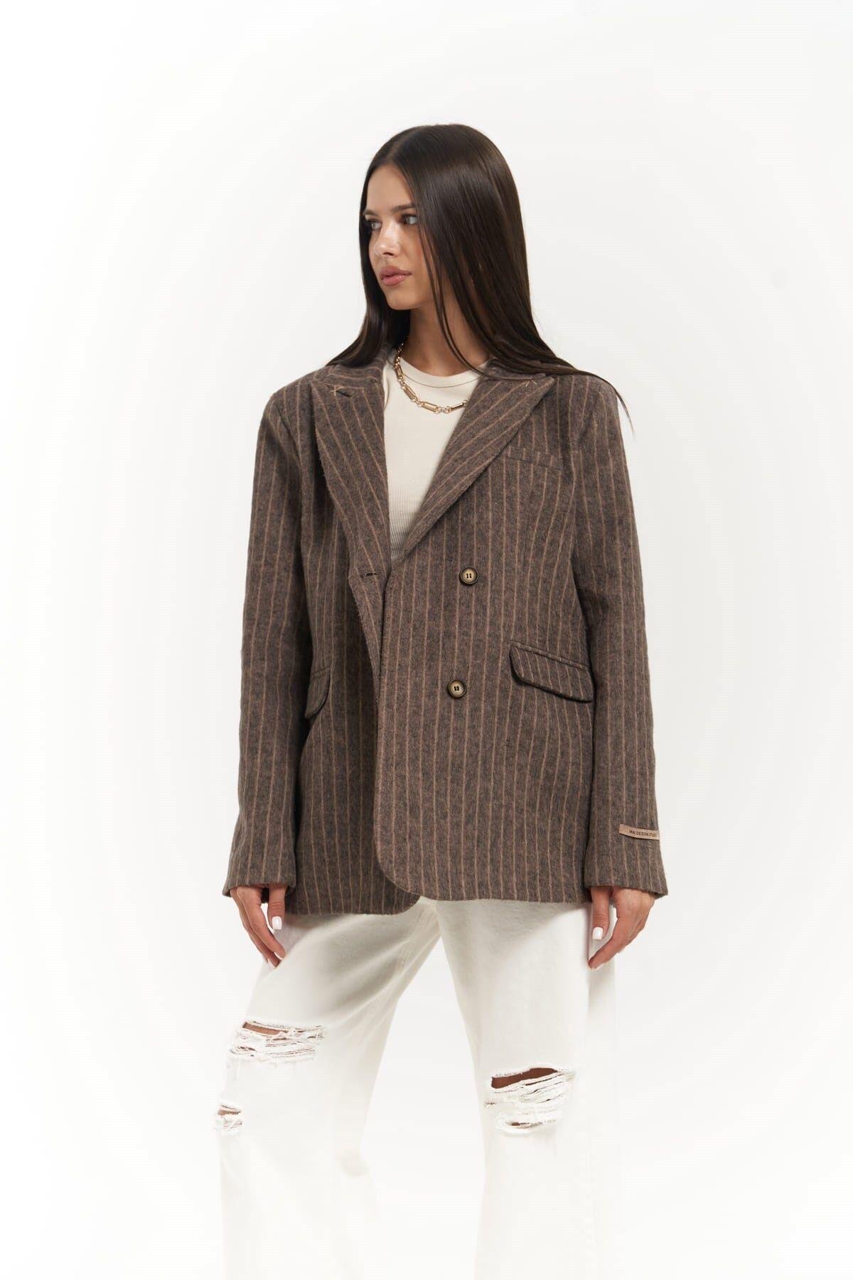 Peters Striped Brown Blazer with Stitch Details