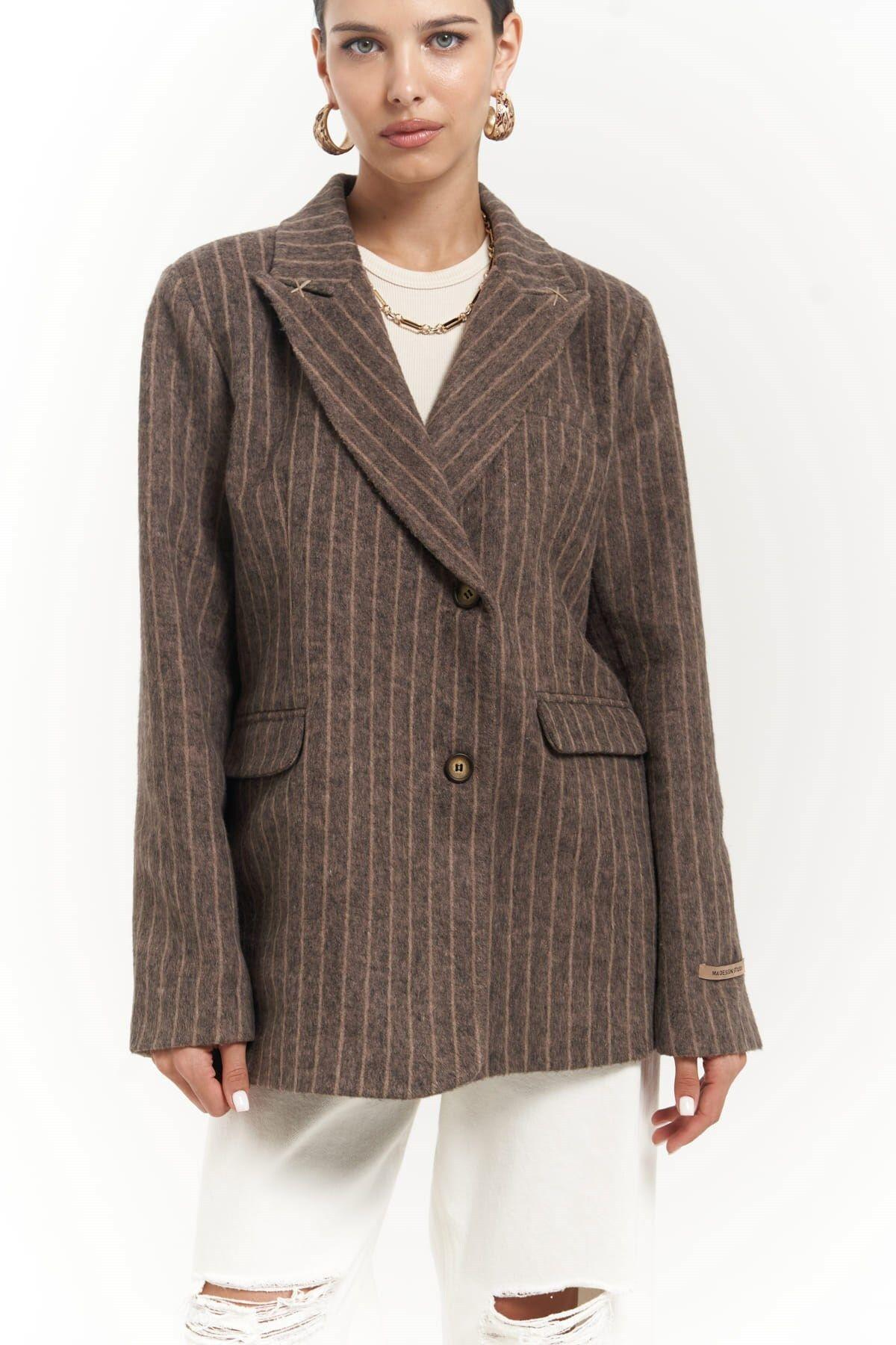 Peters Striped Brown Blazer with Stitch Details