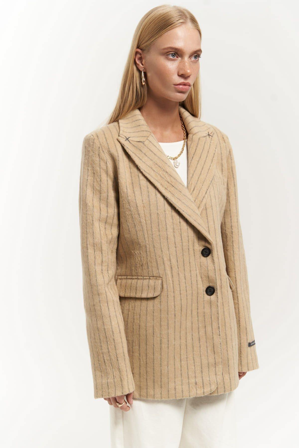 Peters Dikiş Detaylı Çizgili Taupe Blazer