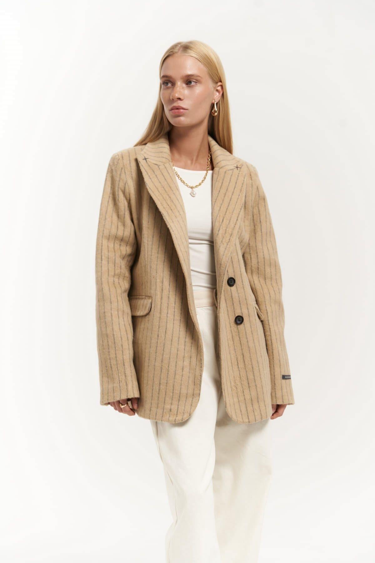 Peters Dikiş Detaylı Çizgili Taupe Blazer