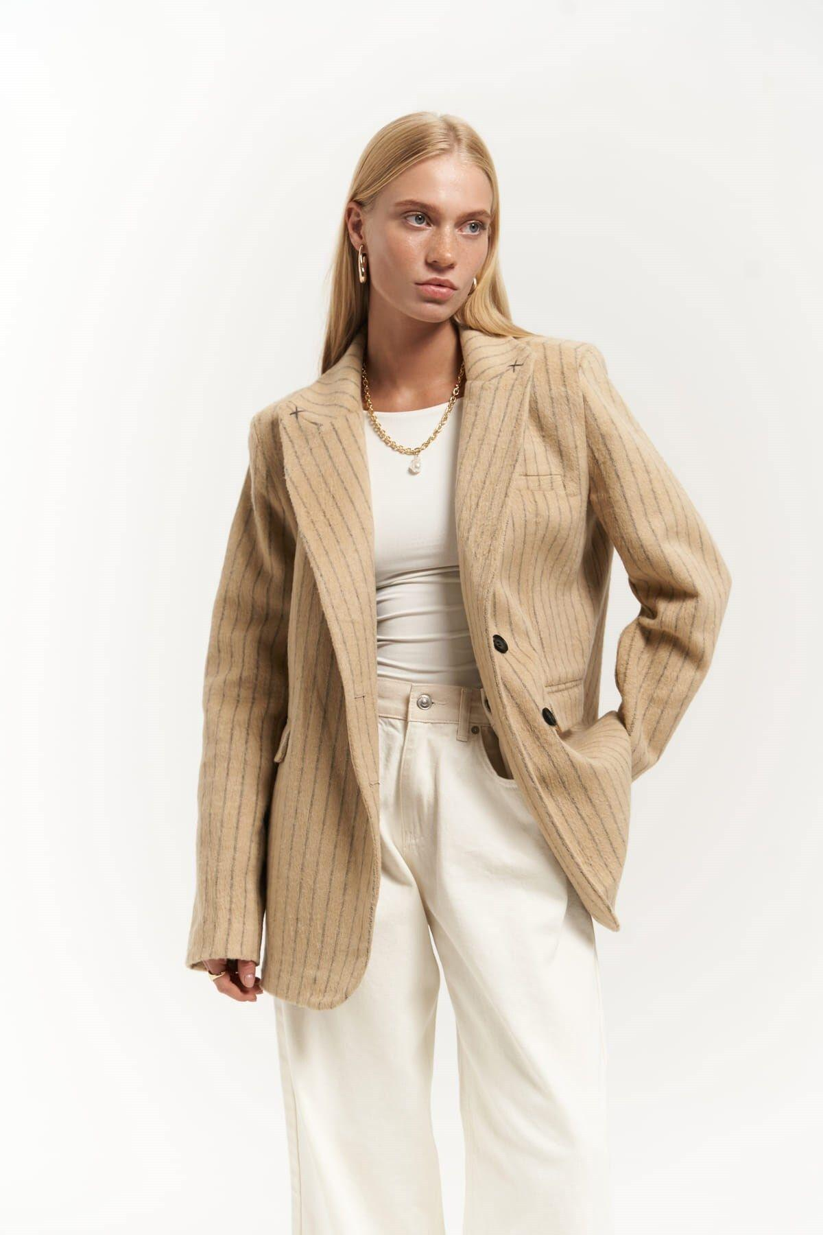 Peters Dikiş Detaylı Çizgili Taupe Blazer