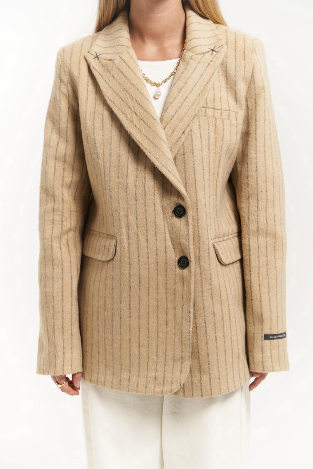 Peters Dikiş Detaylı Çizgili Taupe Blazer