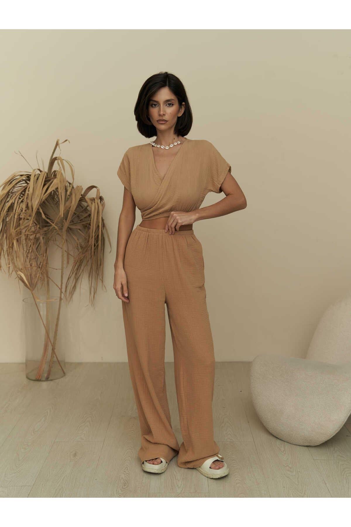 Bohemai Phuket Light Brown Muslin Crop Set