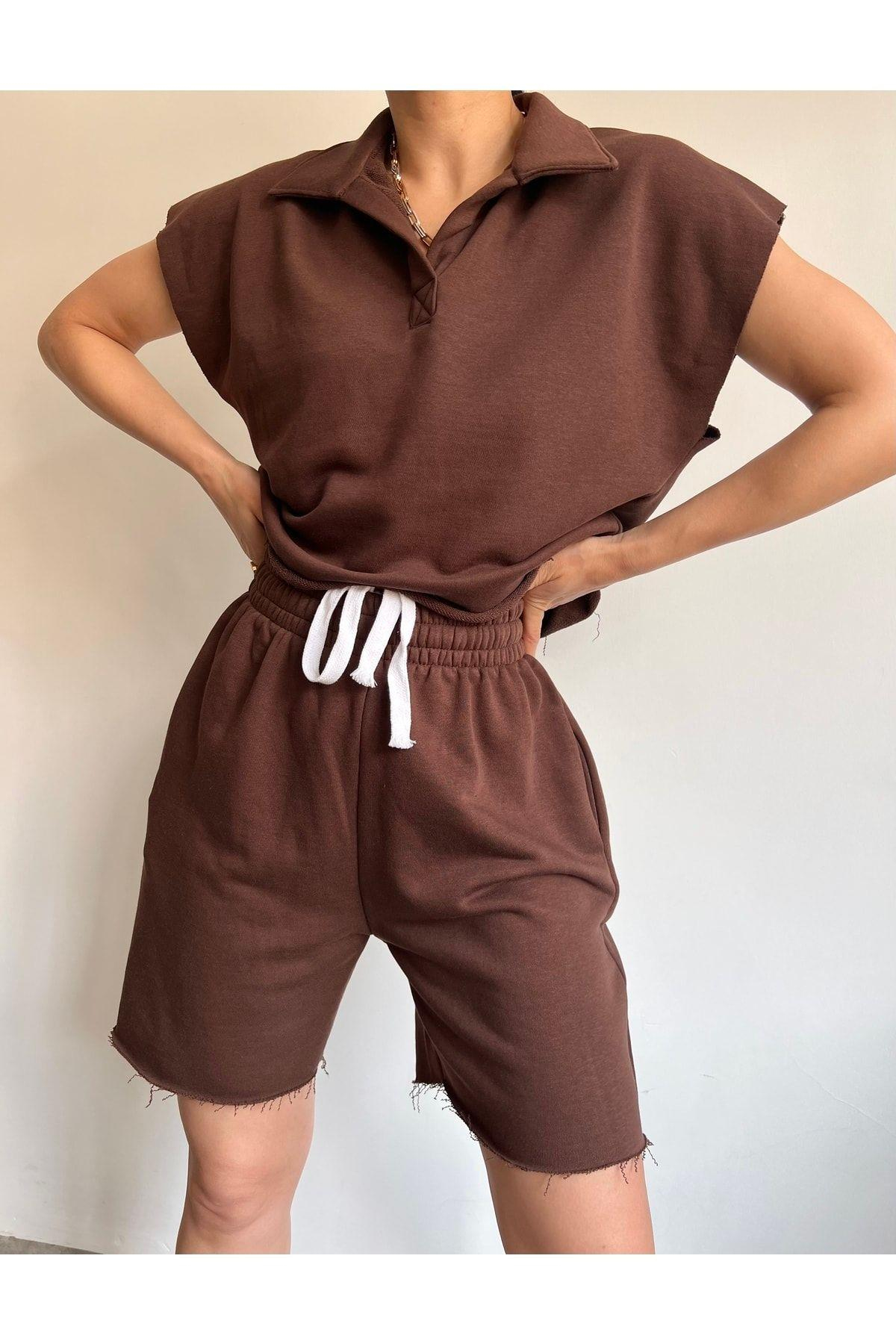 Polo Yaka Kahve Şort Takım