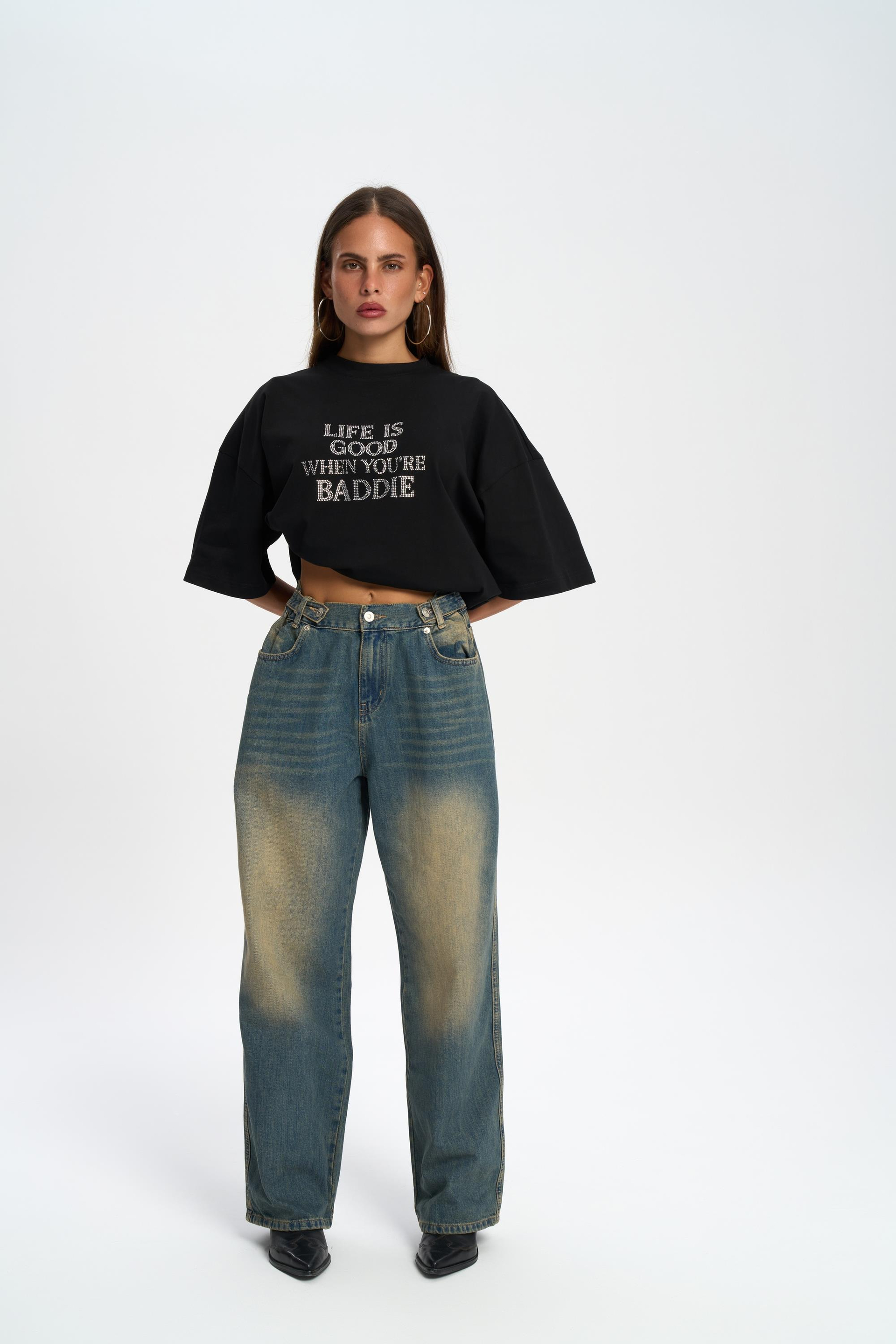 Port Waist Detail Dusty Blue Jean Pants