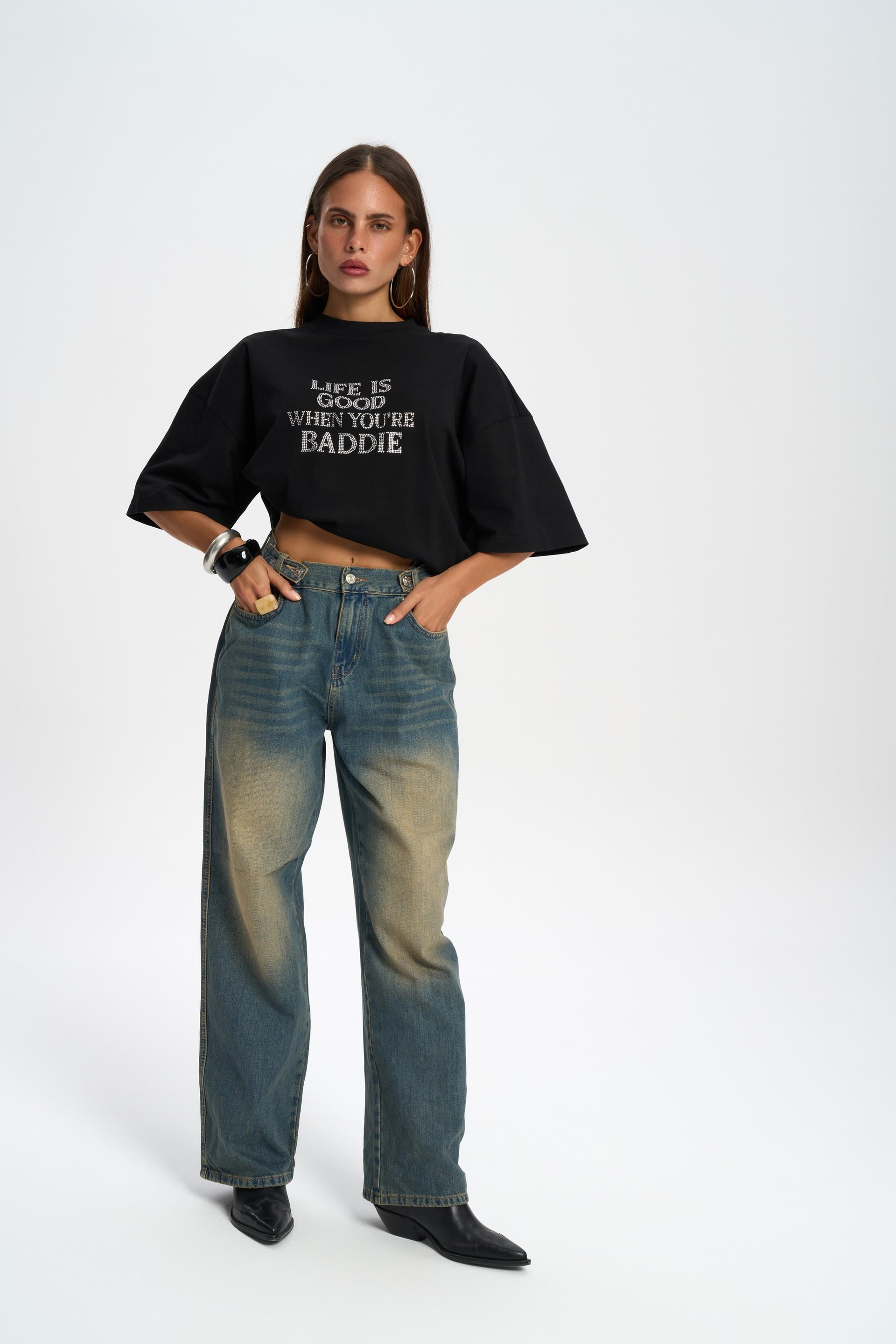 Port Waist Detail Dusty Blue Jean Pants