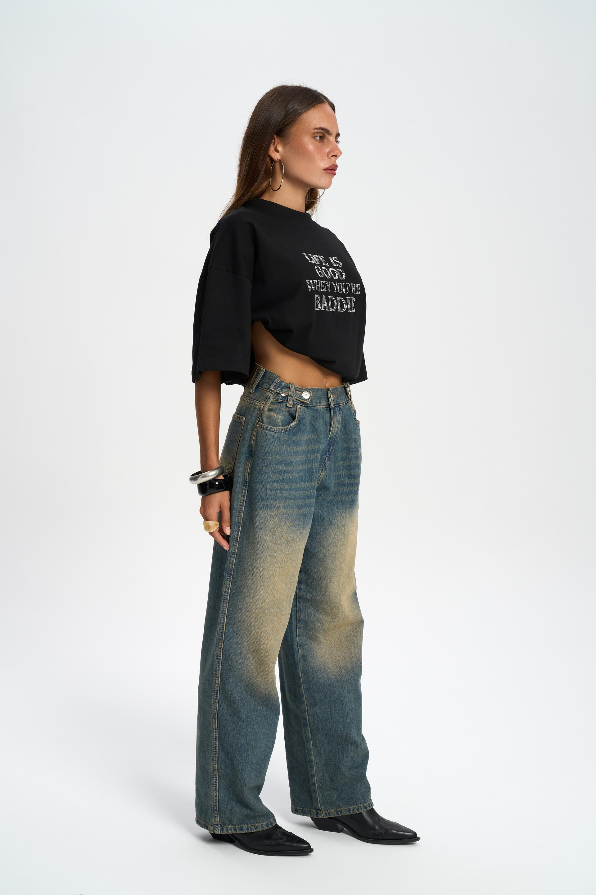 Port Waist Detail Dusty Blue Jean Pants