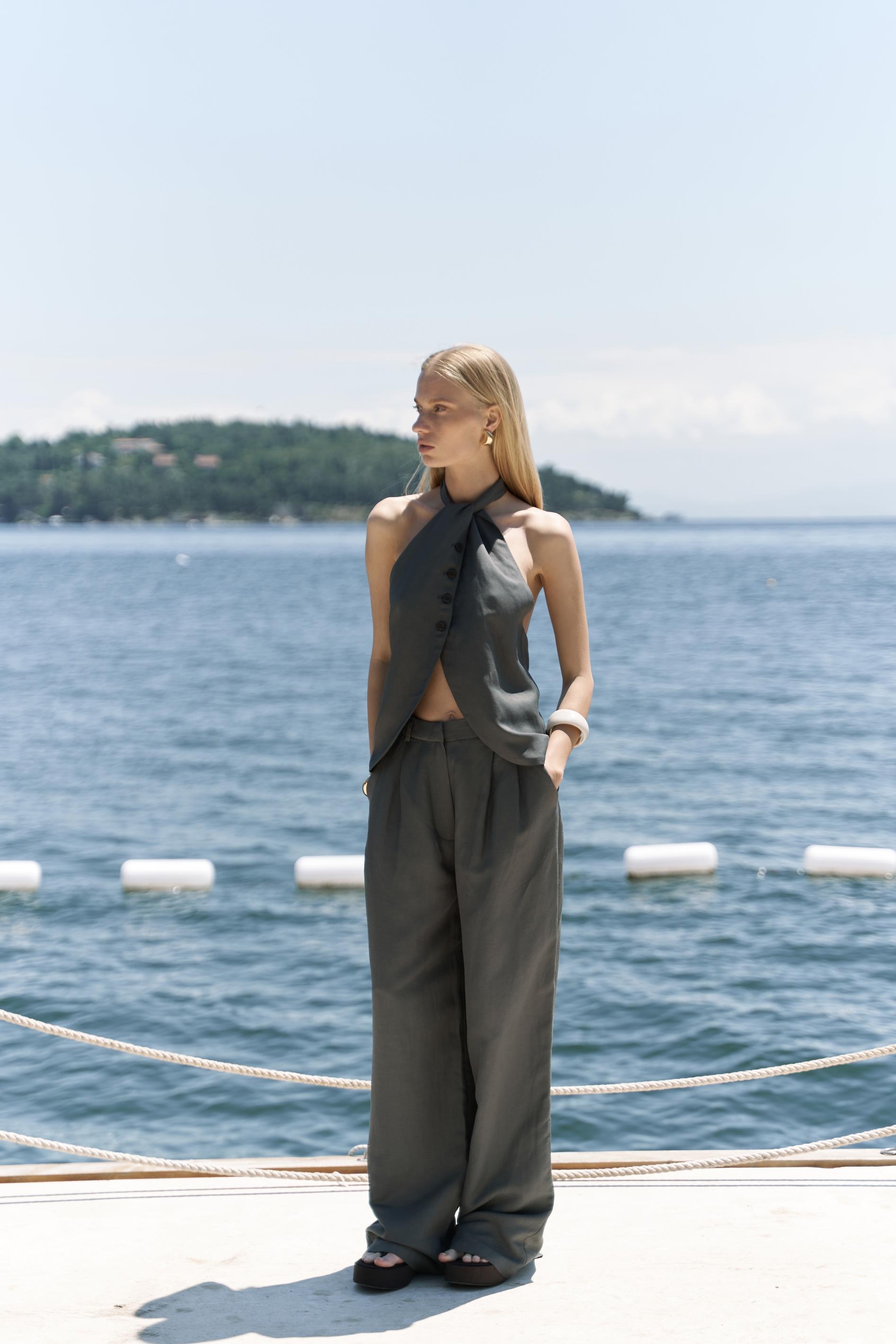 Prasetsah Bağlamalı Antrasit Crop Pantolon Takım