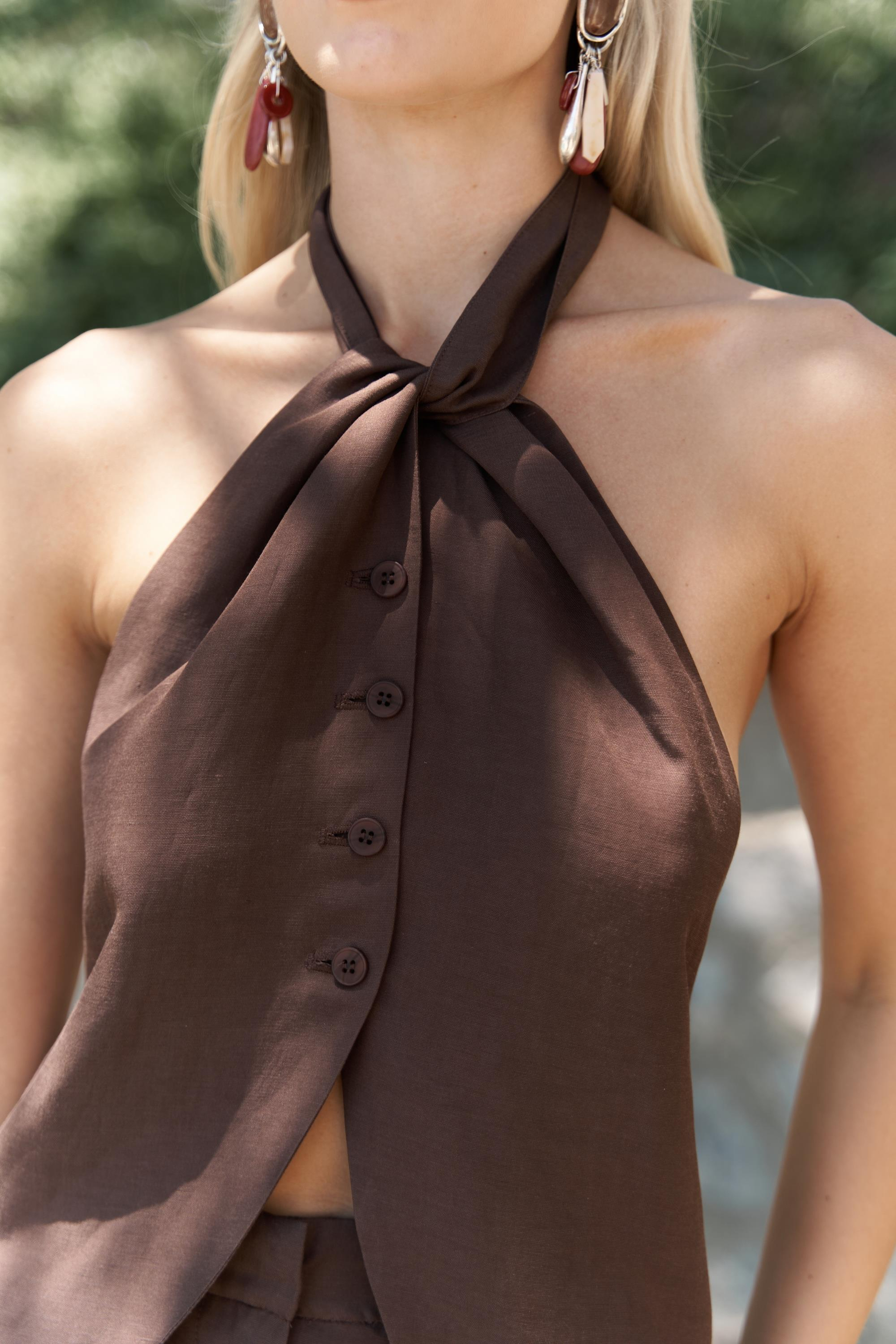 Prasetsah Bağlamalı Kahve Crop Pantolon Takım