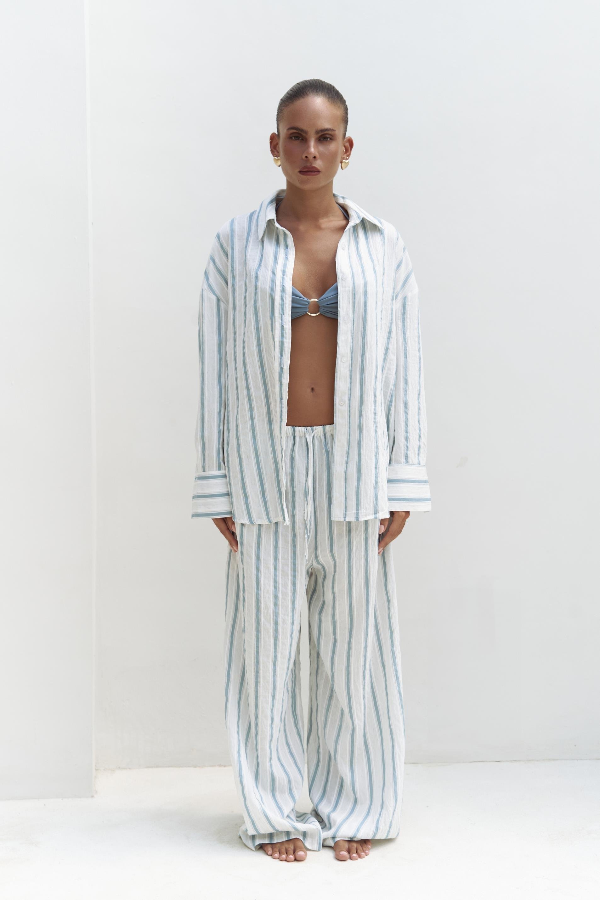 Priskiana Bağcıklı Mavi Pantolon Gömlek Takım