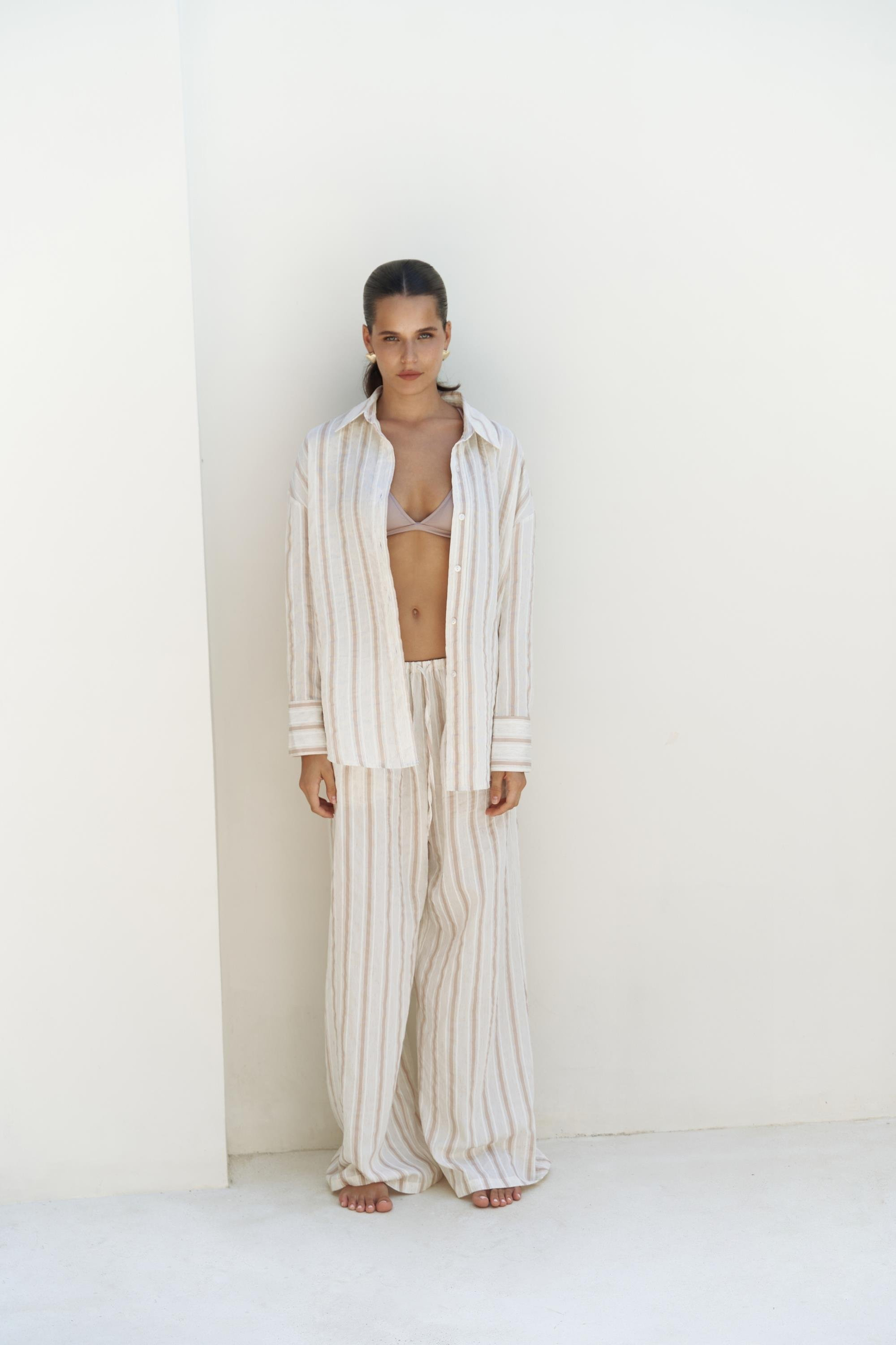 Priskiana Bağcıklı Vizon Pantolon Gömlek Takım