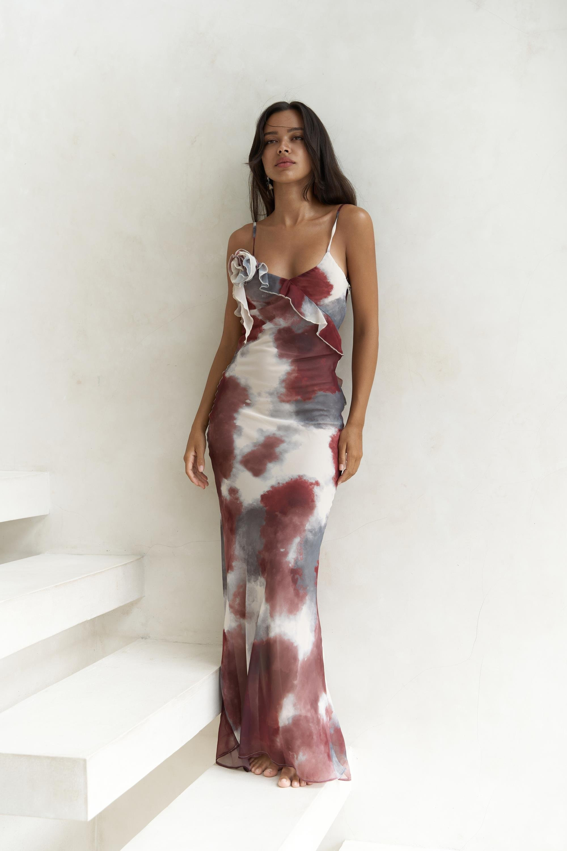 Purtyas Fırfır Detaylı Bordo Uzun Elbise