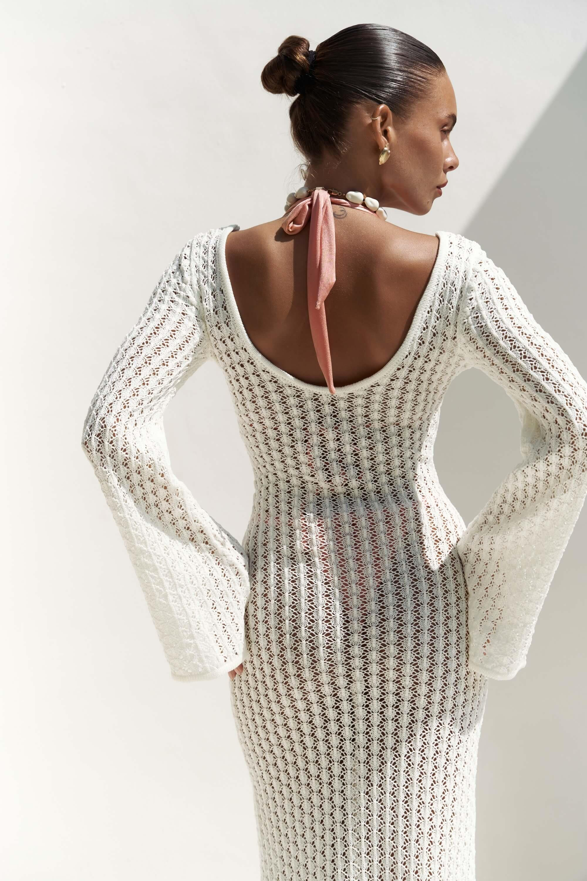 Putra V Yaka Beyaz Triko Uzun Elbise