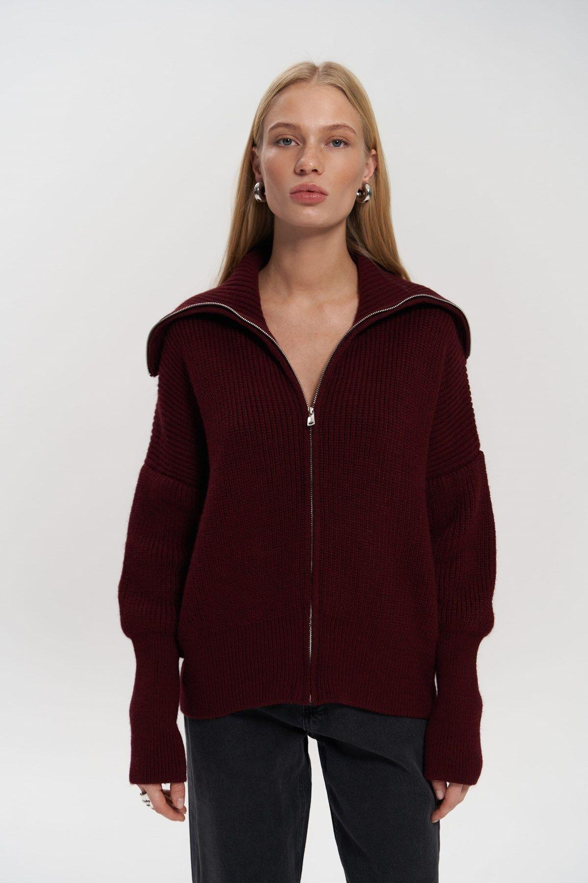 Rafi Burgundy Zip-up Knit Cardigan