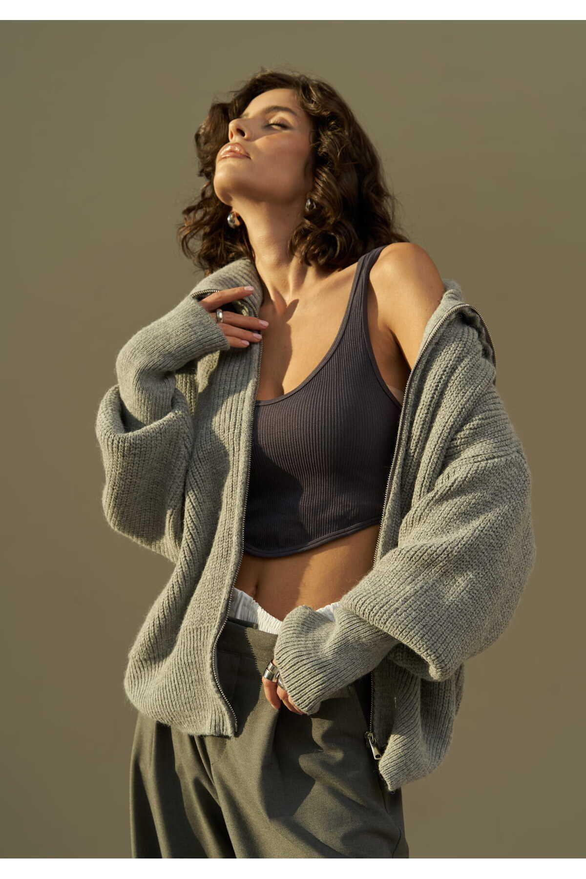 Mai Rafi Smoke Gray Zip-Up Knit Cardigan