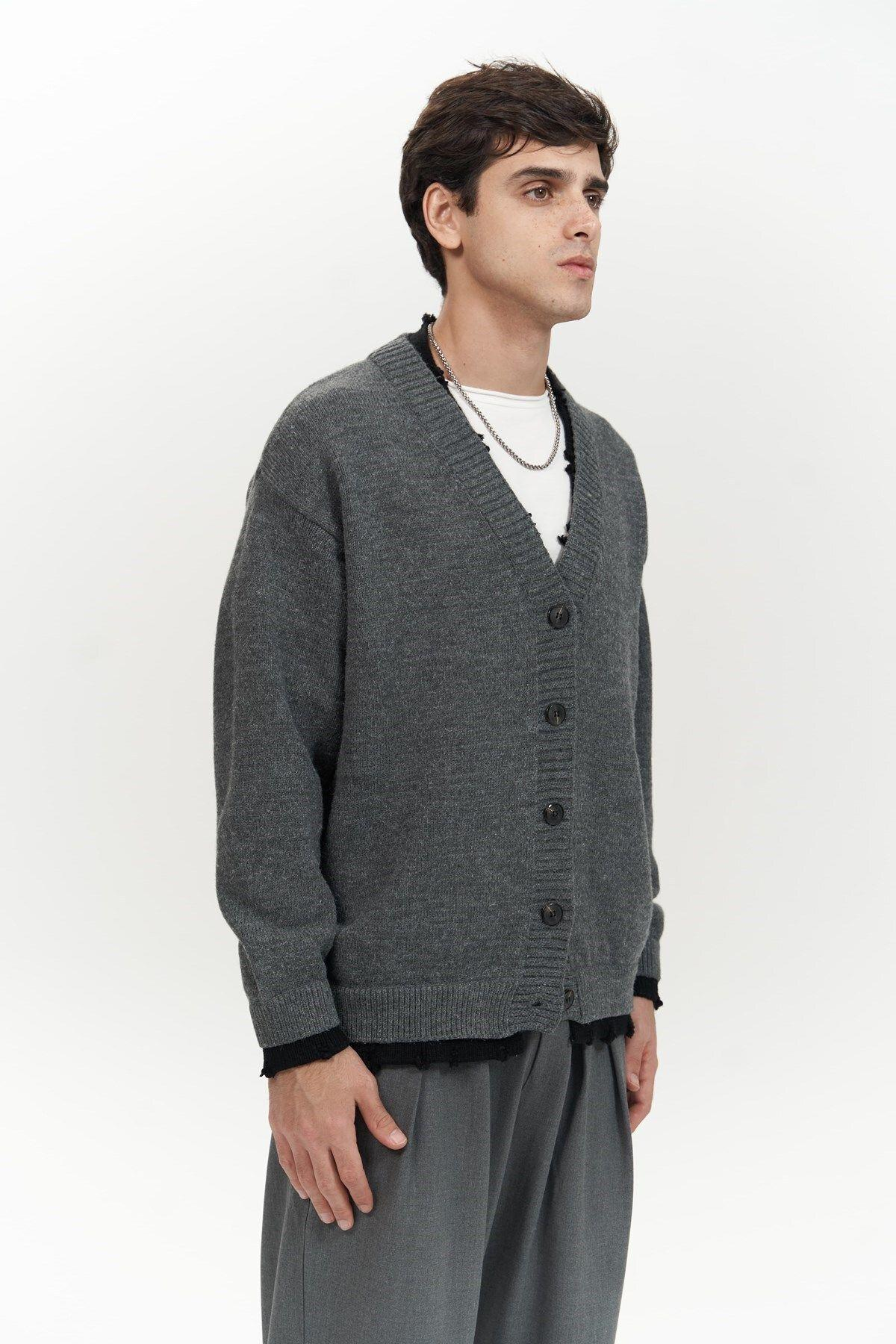 Raid Men's Dark Gray Double-Collar Knit Cardigan