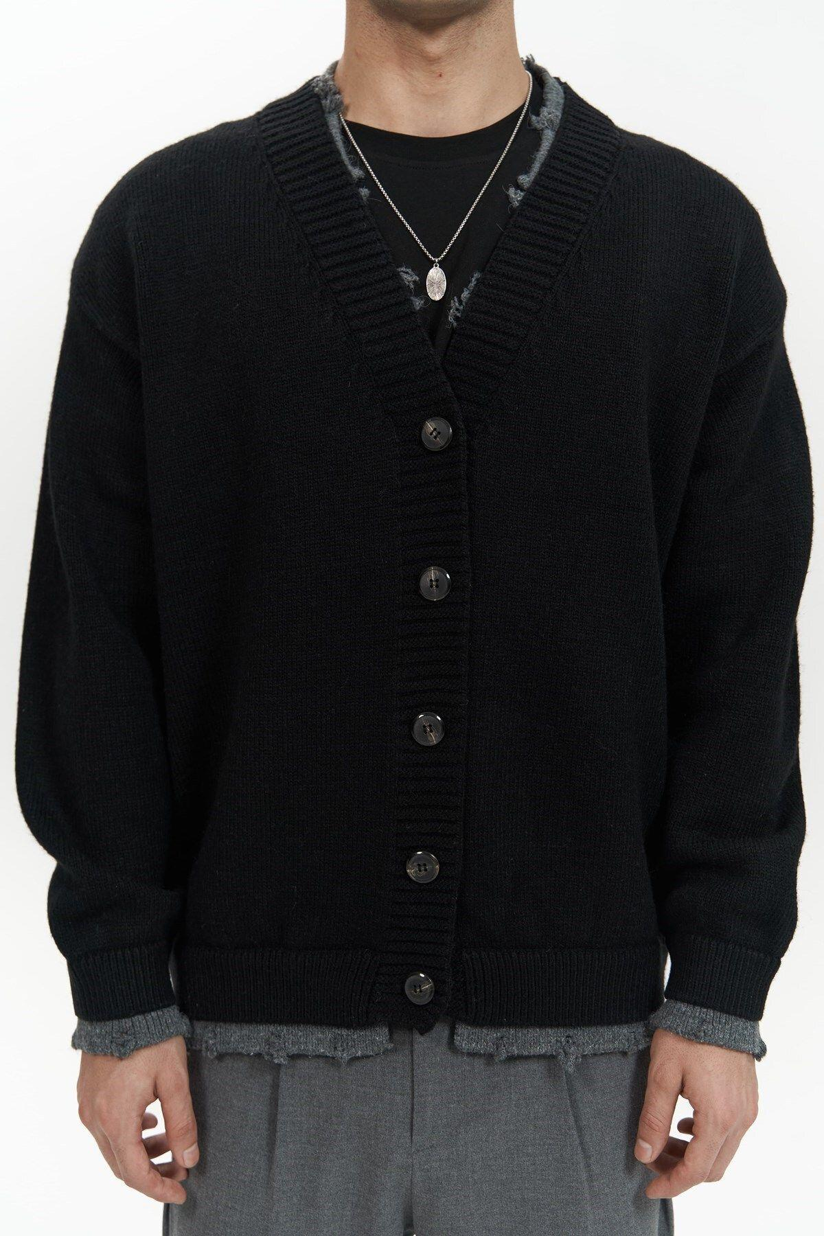 Raid Men's Black Double-Collar Knit Cardigan