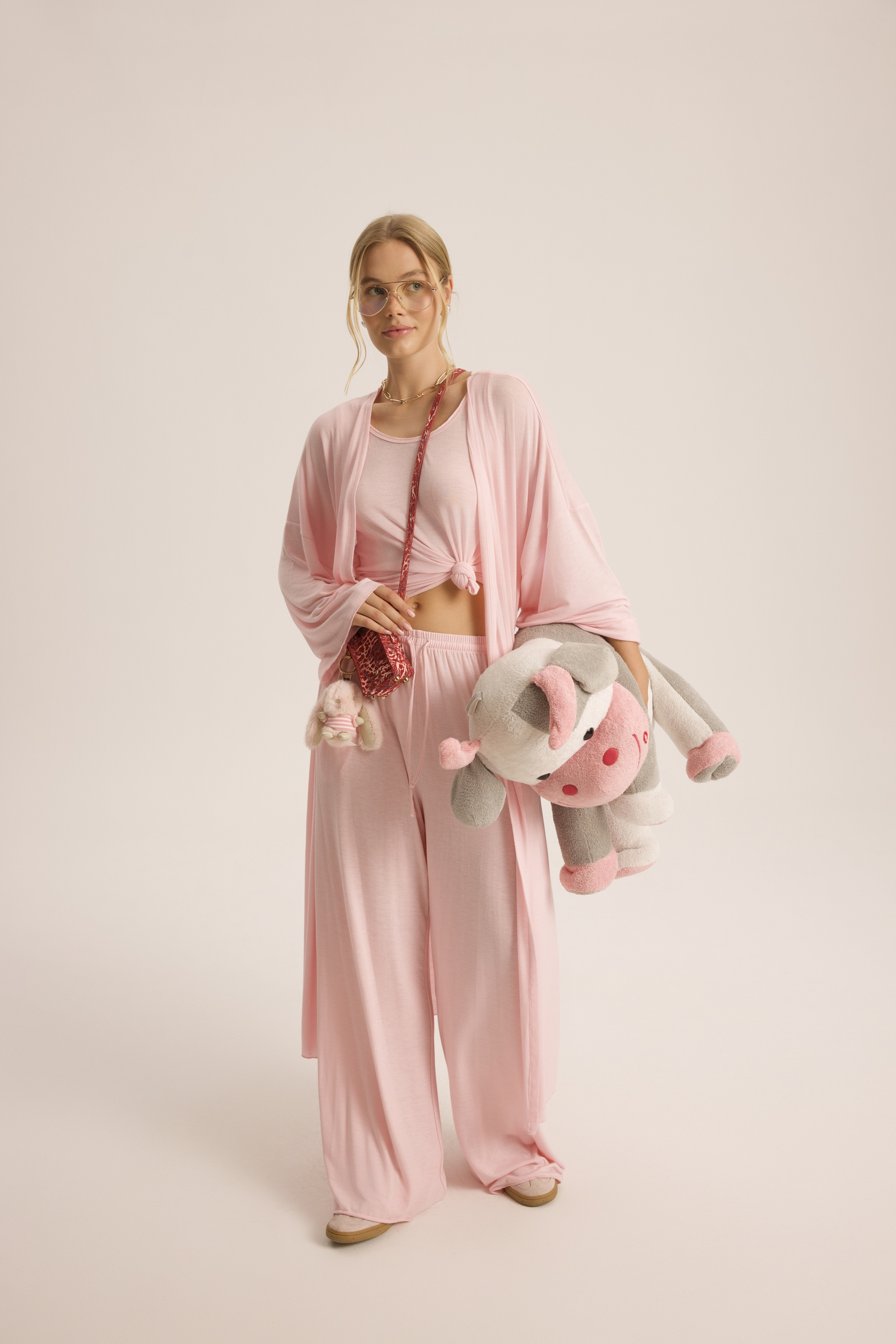 Raina Pembe Kimono Basic Üçlü Takım