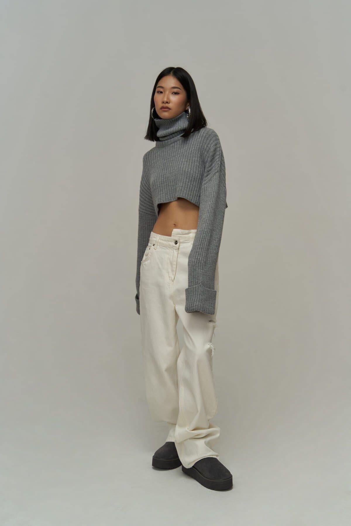 Revue Boğazlı Gri Crop Kazak