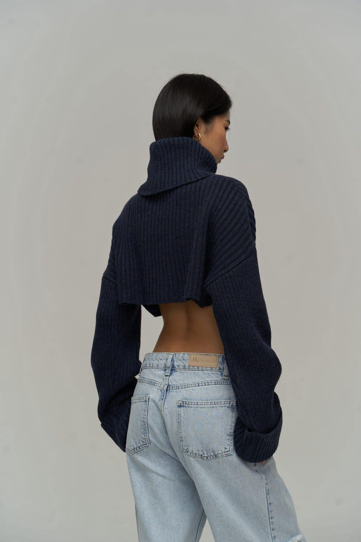 Revue High Neck Dark Blue Crop Sweater
