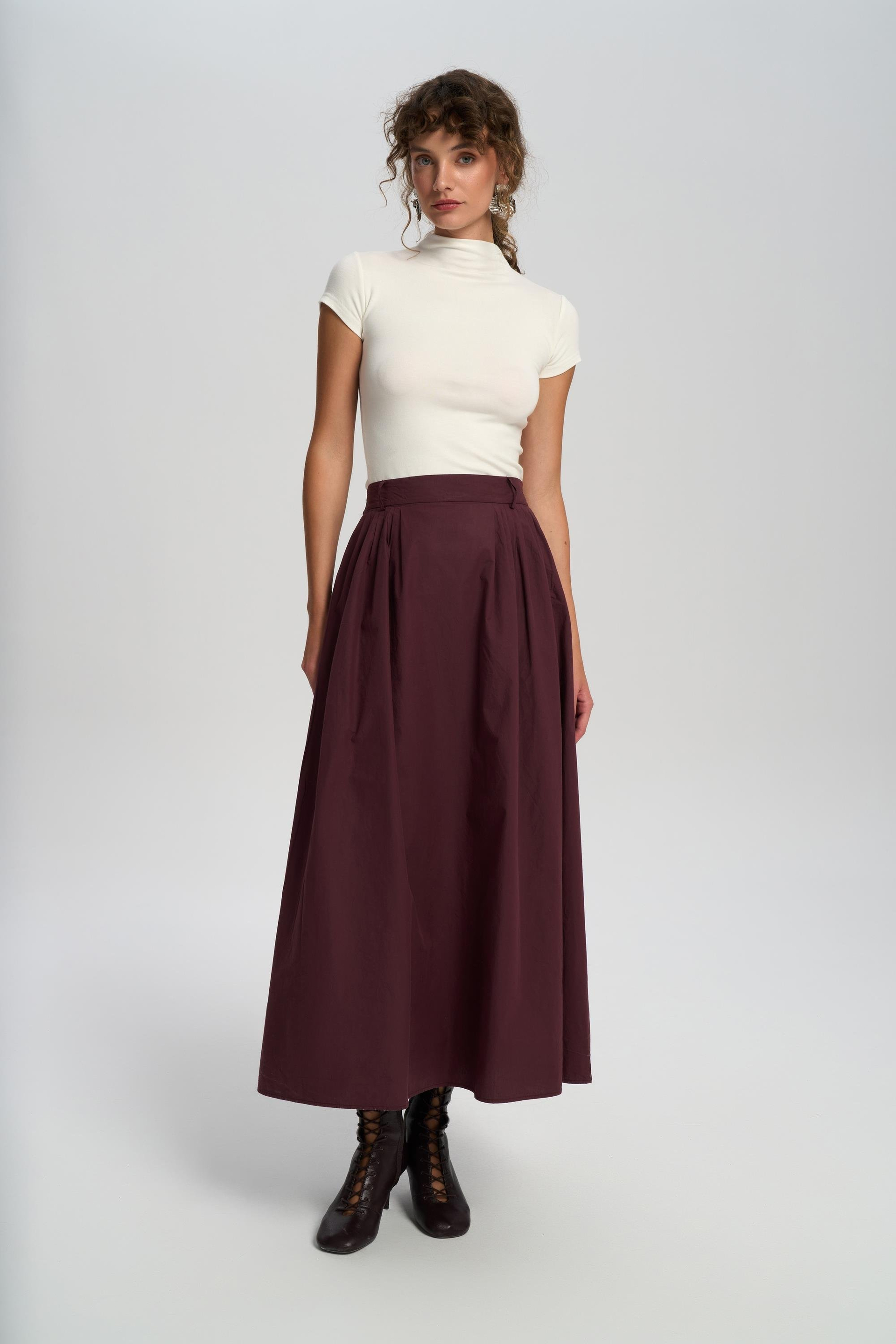 Rhea Bar Detail Long Burgundy Skirt