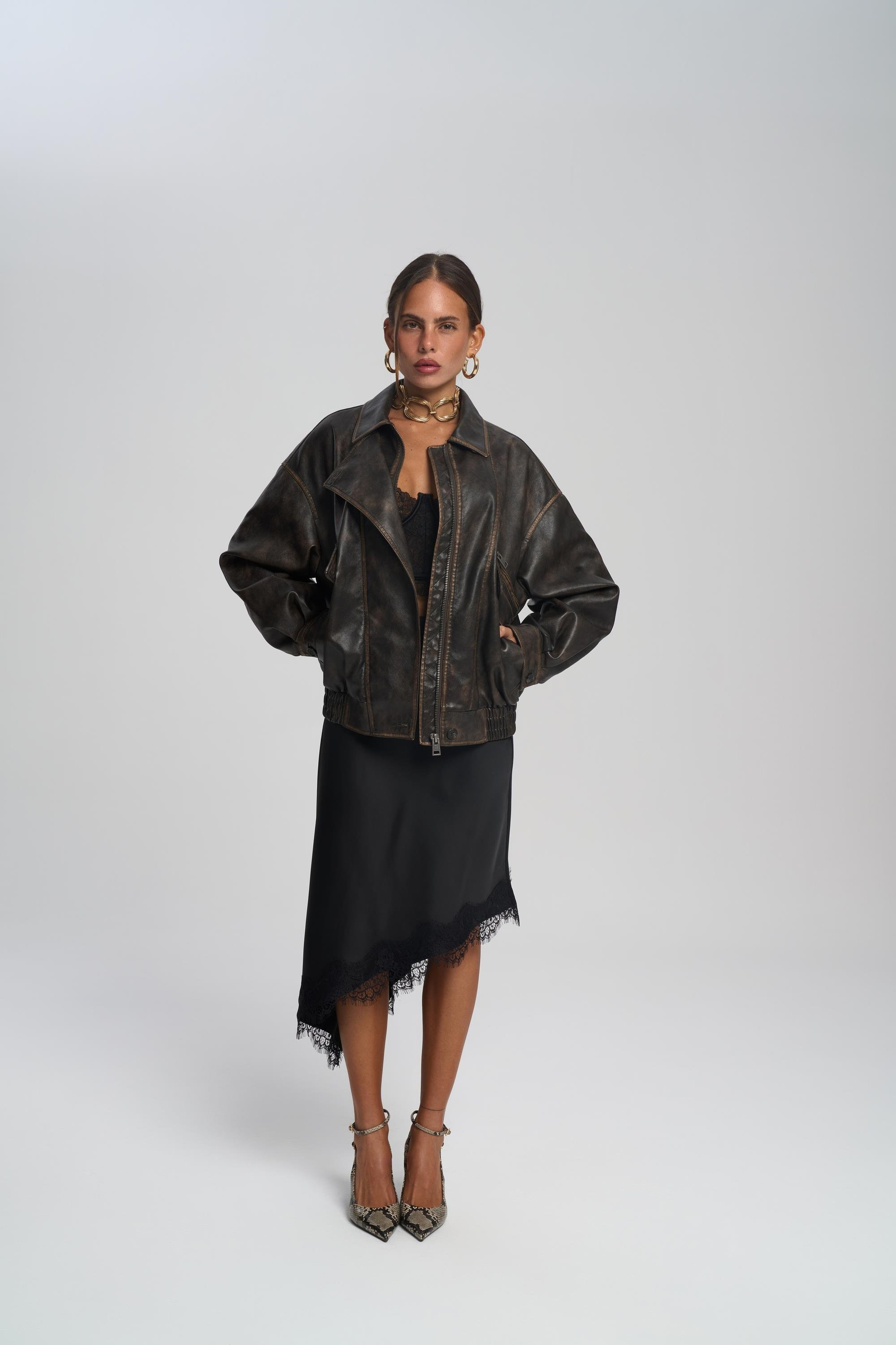 Roane Kahve Lastikli Suni Deri Ceket