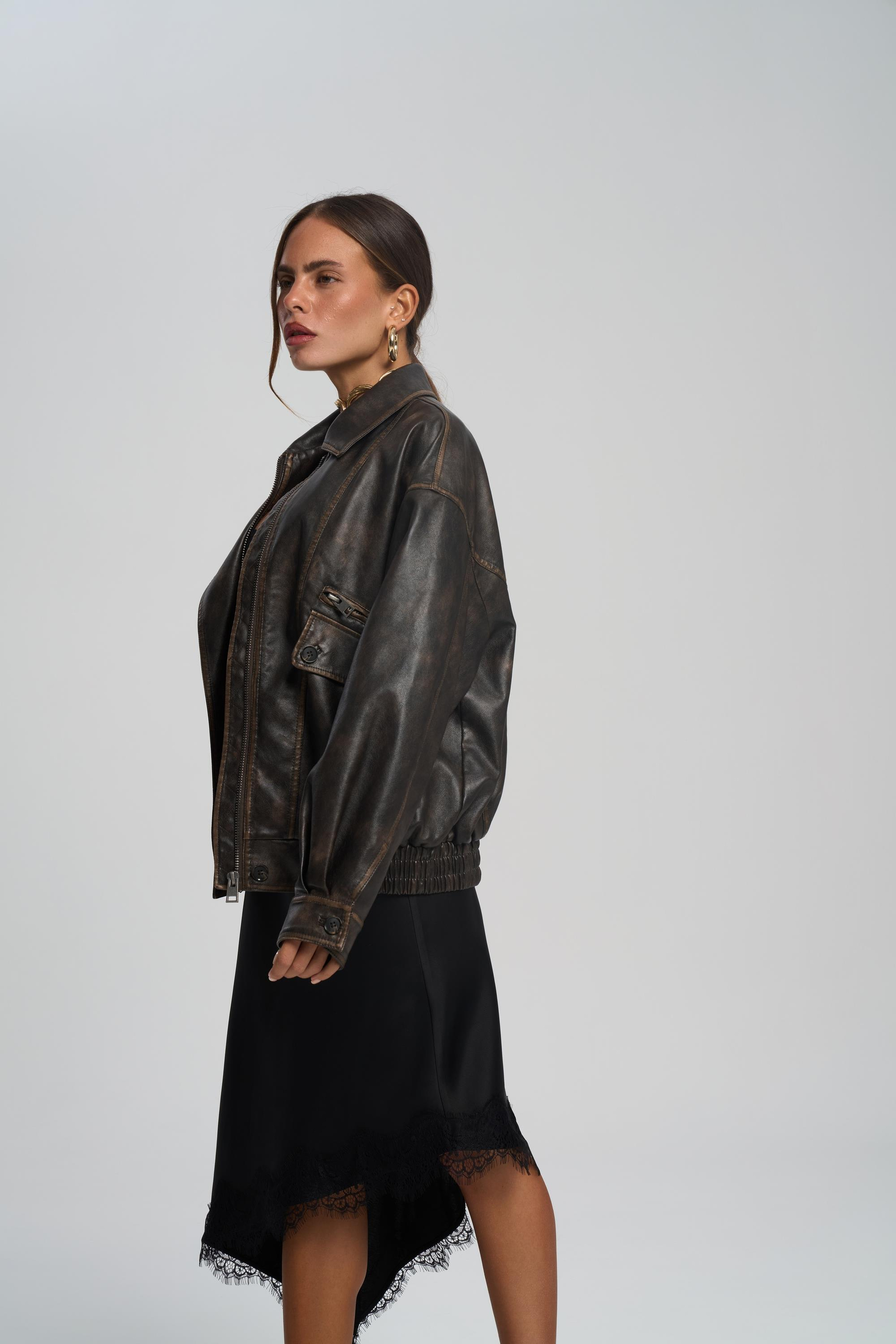 Roane Kahve Lastikli Suni Deri Ceket