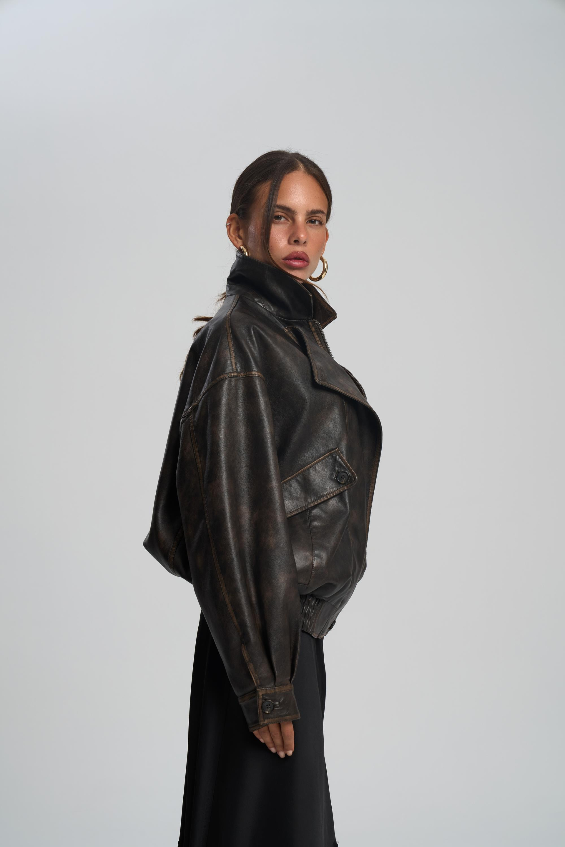 Roane Kahve Lastikli Suni Deri Ceket