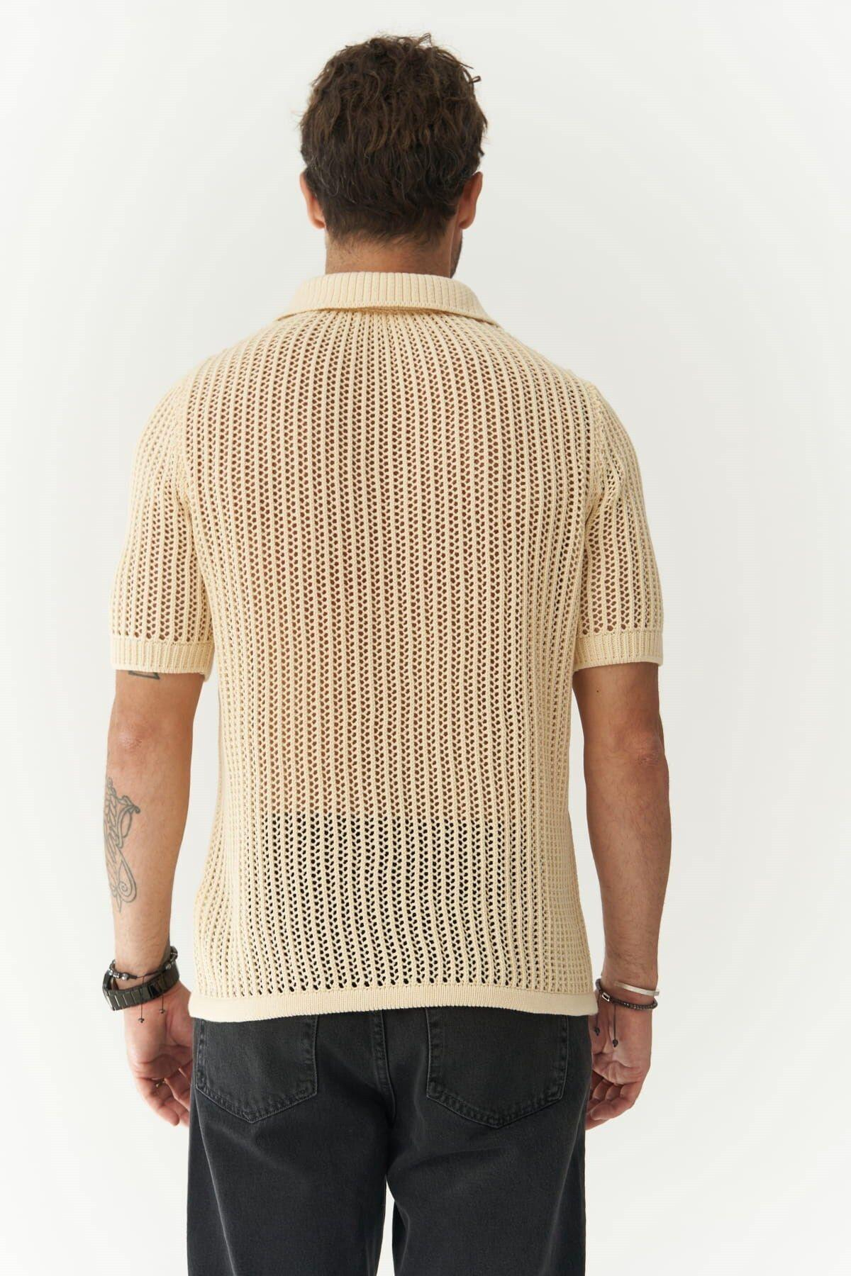 Robert Men's Polo Collar Beige Knit T-Shirt
