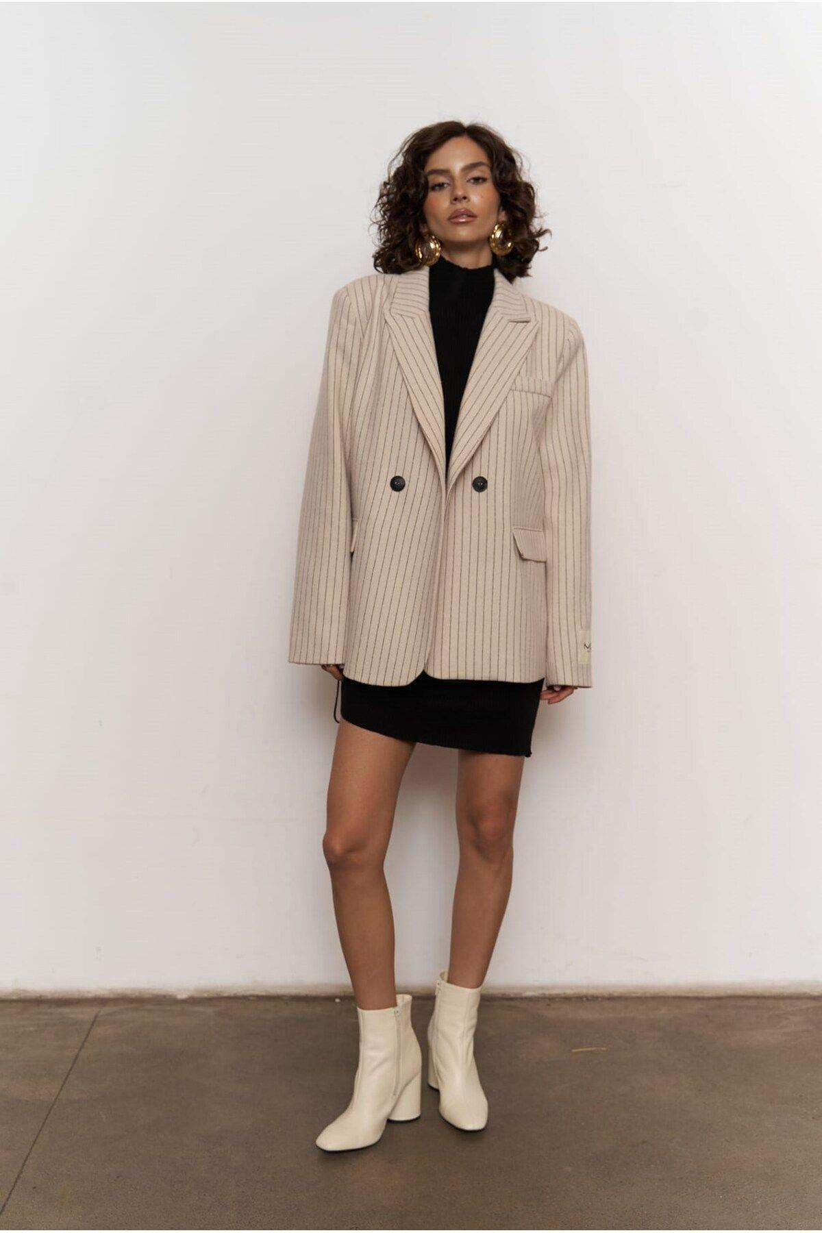 Rosalind Bej Çizgili Blazer Ceket