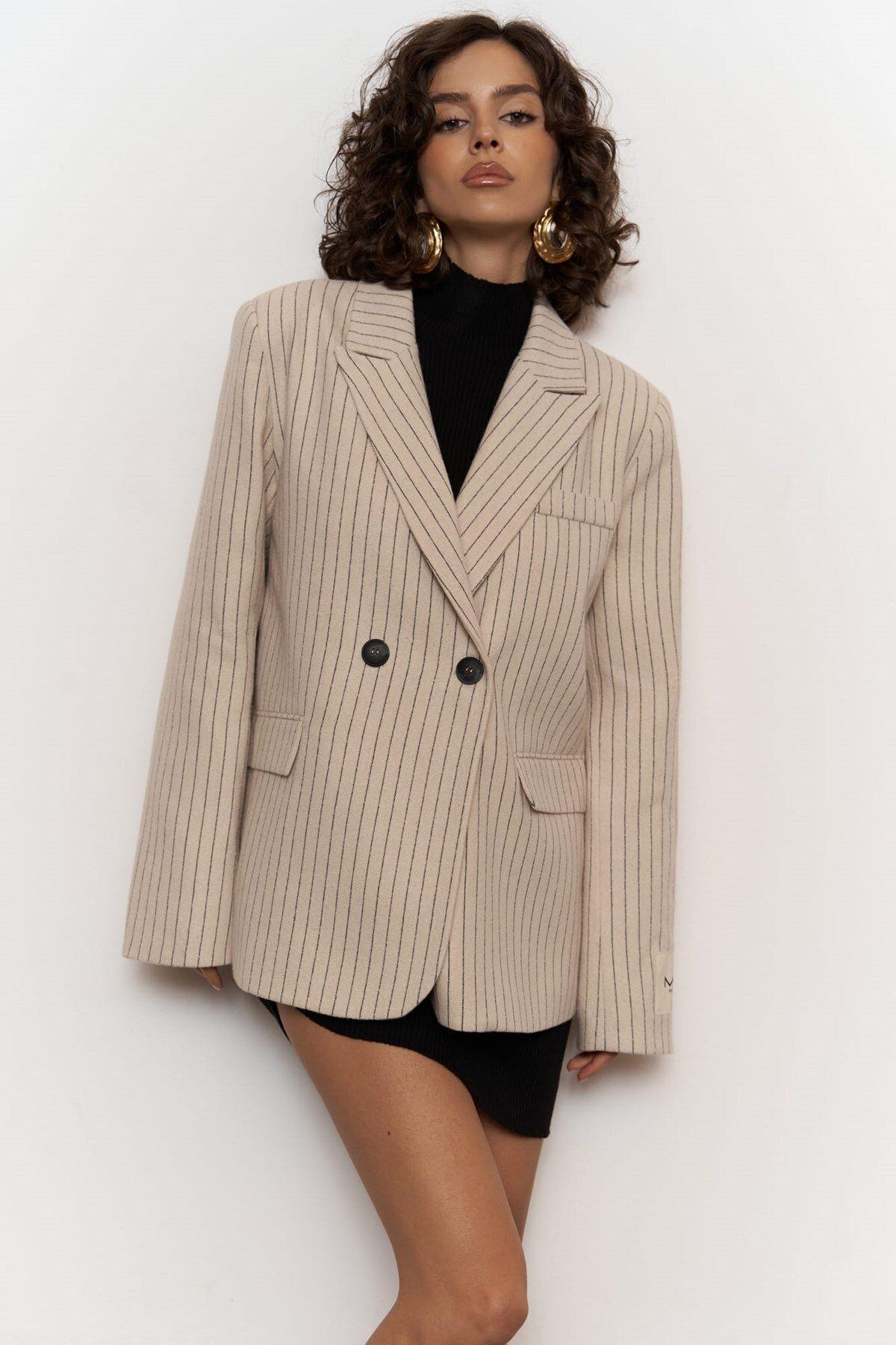 Rosalind Bej Çizgili Blazer Ceket