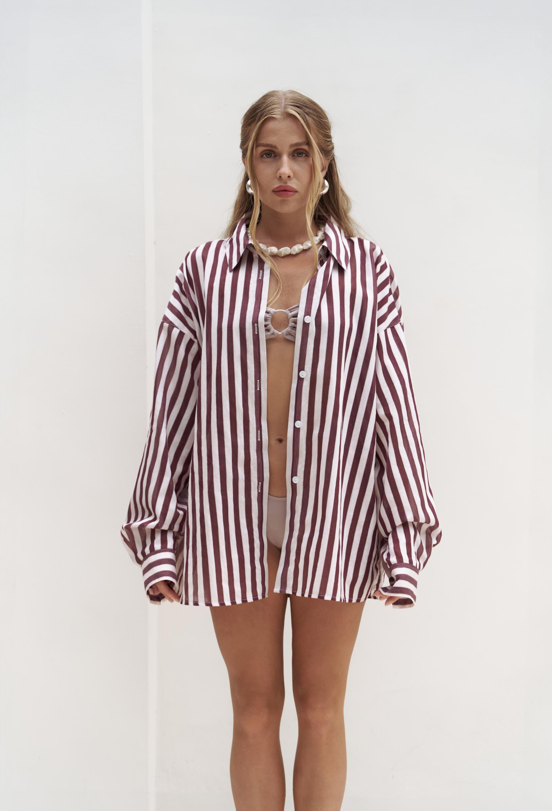 Rosy Transparan Çizgili Bordo Oversize Gömlek